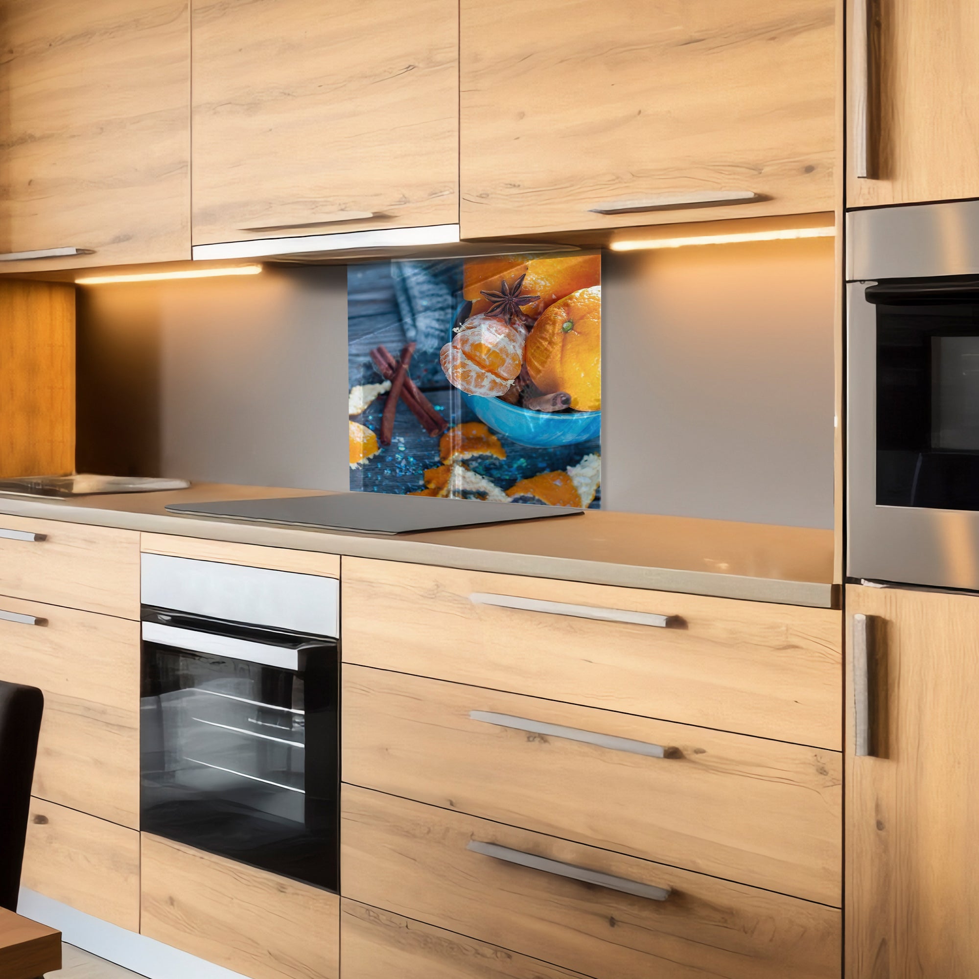 Citrus & Spice Tempered Glass Backsplash – Cozy Kitchen Wall Panel