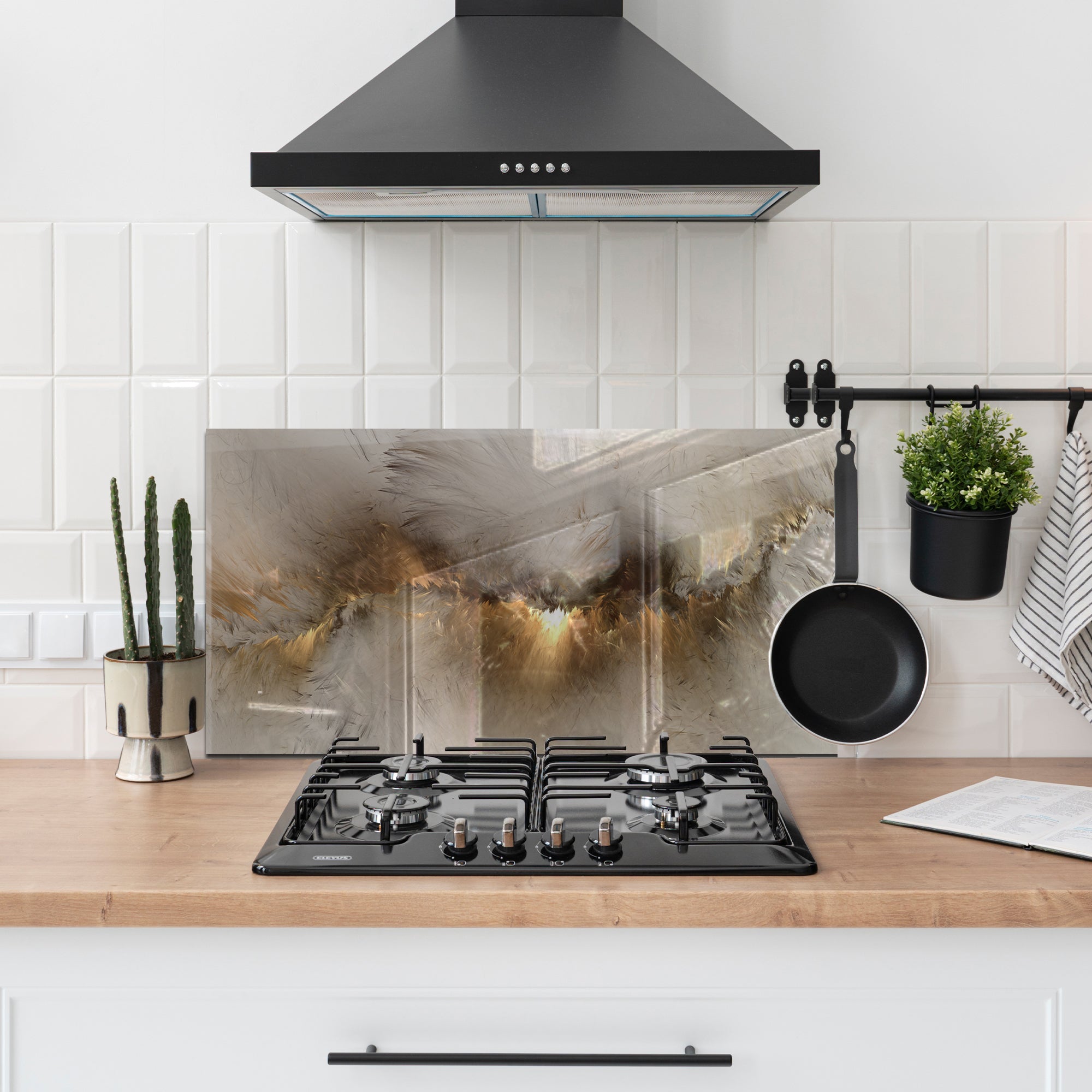 Abstract Grey & Gold Tempered Glass Backsplash – Modern Kitchen Wall Panel