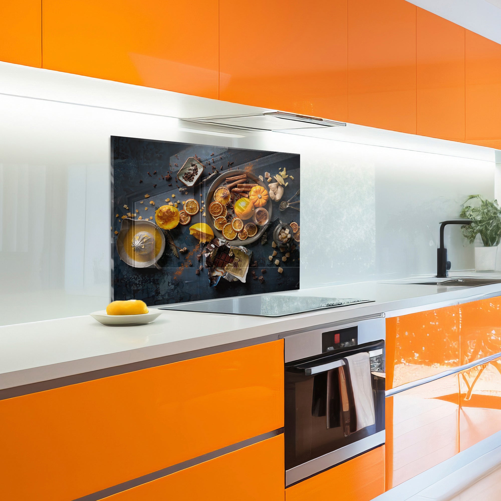 Orange & Spice Tempered Glass Backsplash – Cozy Gourmet Kitchen Wall Panel