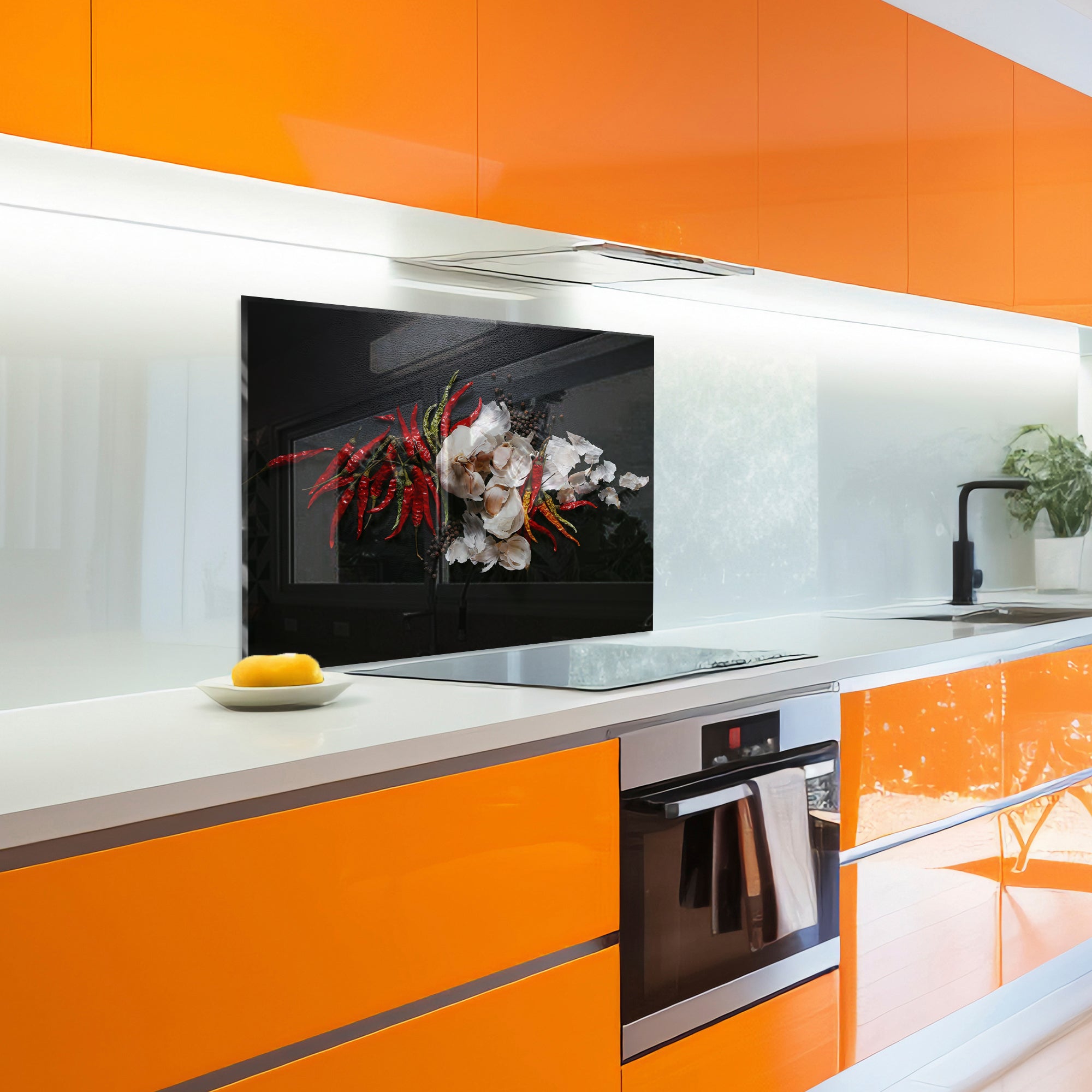 Chili & Garlic Tempered Glass Backsplash – Bold Spicy Kitchen Wall Panel