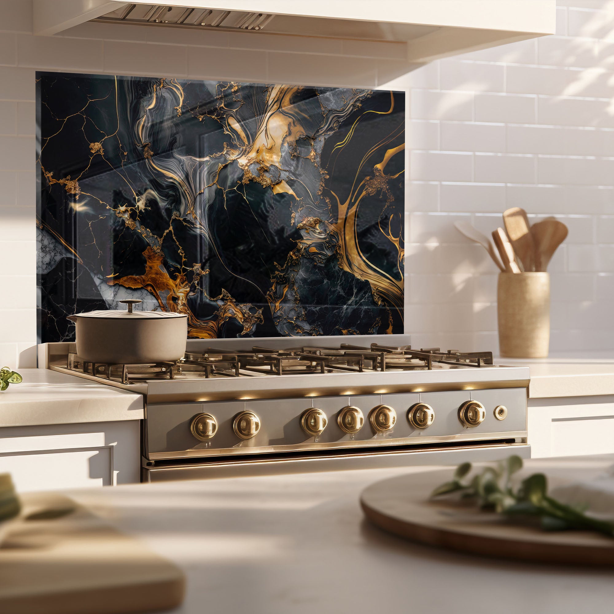 Black and Gold Marble Tempered Glass Stove Backsplash – Heat-Resistant Modern Kitchen Wall Panel