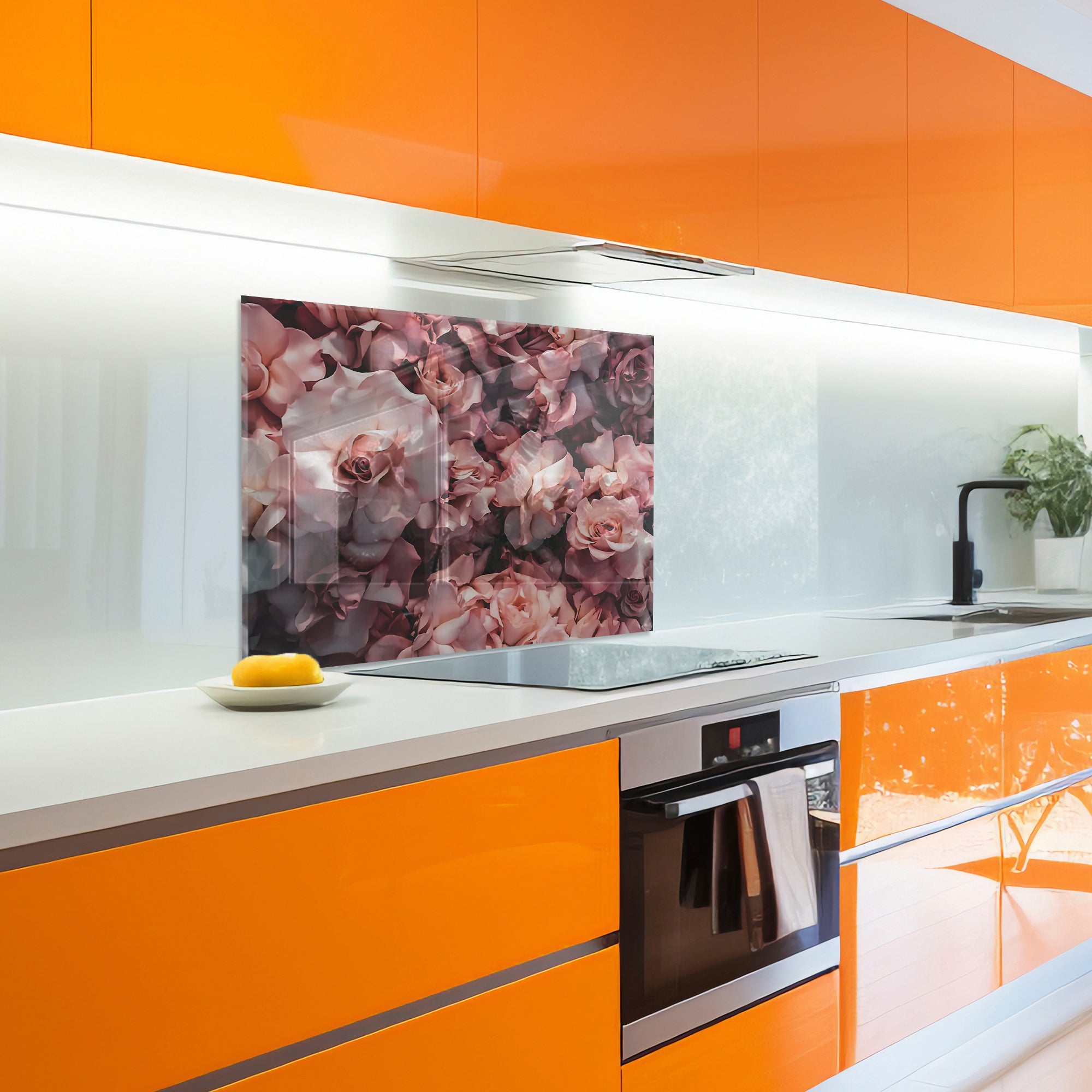 Pink Roses Tempered Glass Backsplash – Romantic Floral Kitchen Panel