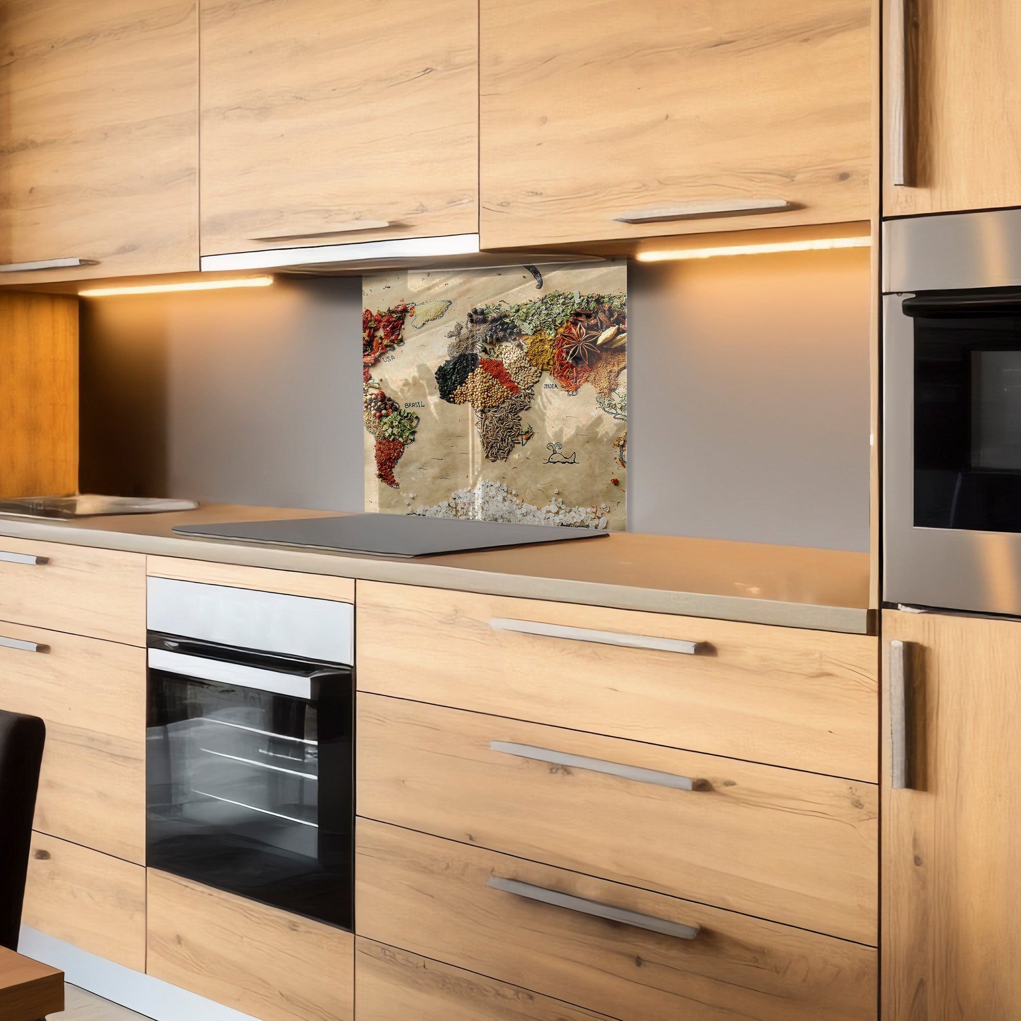 World Map Spices Tempered Glass Backsplash – Culinary Travel Kitchen Panel