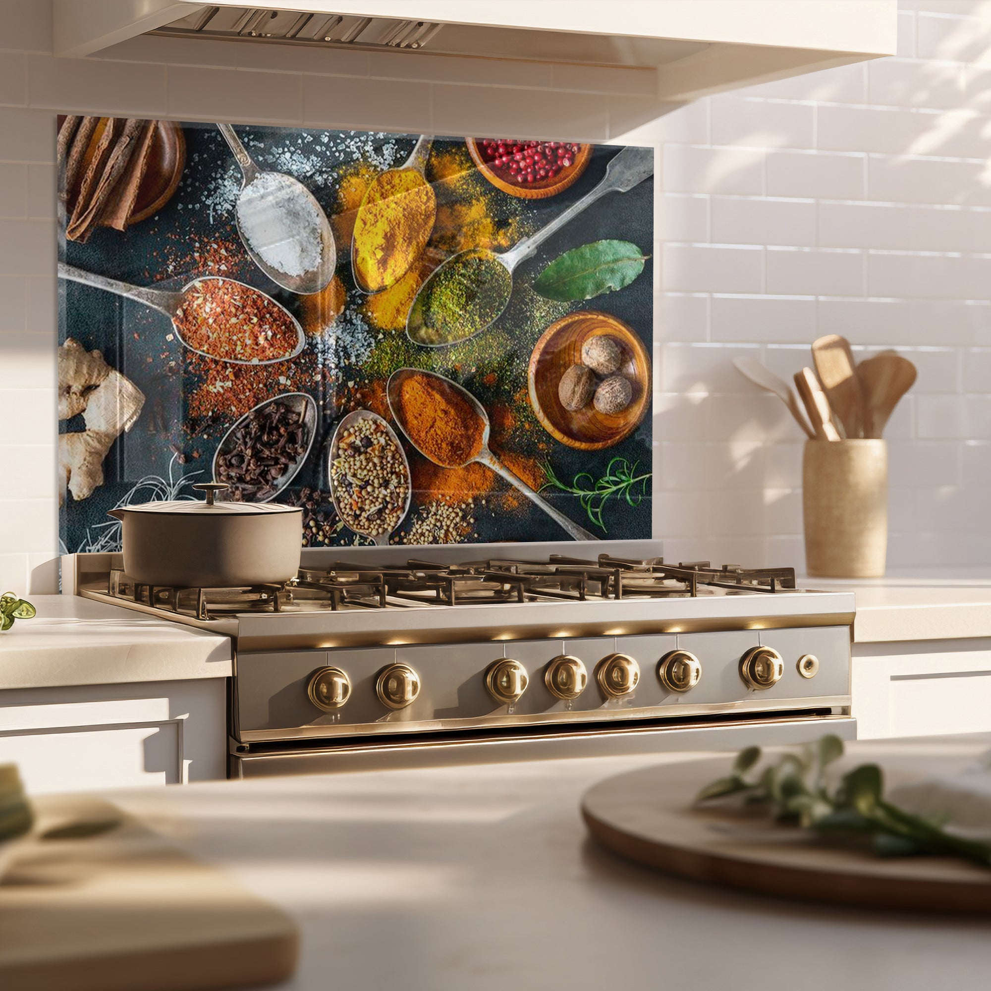 Colorful Spices Tempered Glass Backsplash – Culinary Art Kitchen Wall Panel