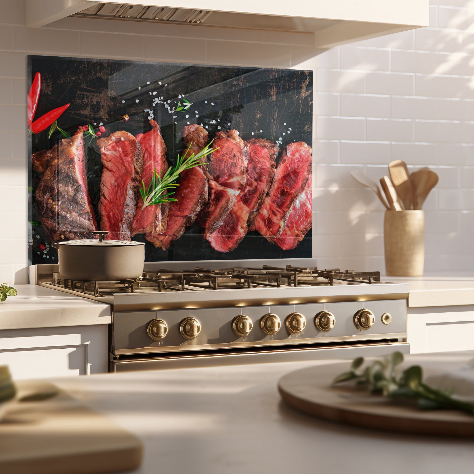 Juicy Steak Tempered Glass Backsplash – Meat Lover’s Kitchen Wall Panel