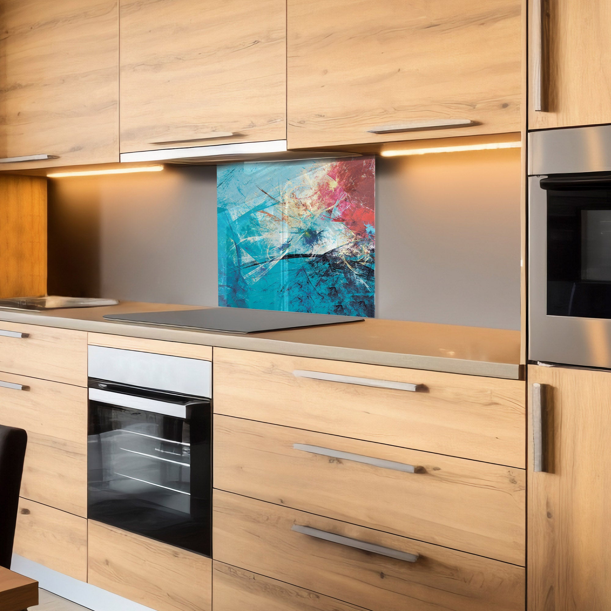 Color Burst Abstract Tempered Glass Backsplash – Vibrant Heat-Resistant Kitchen Panel