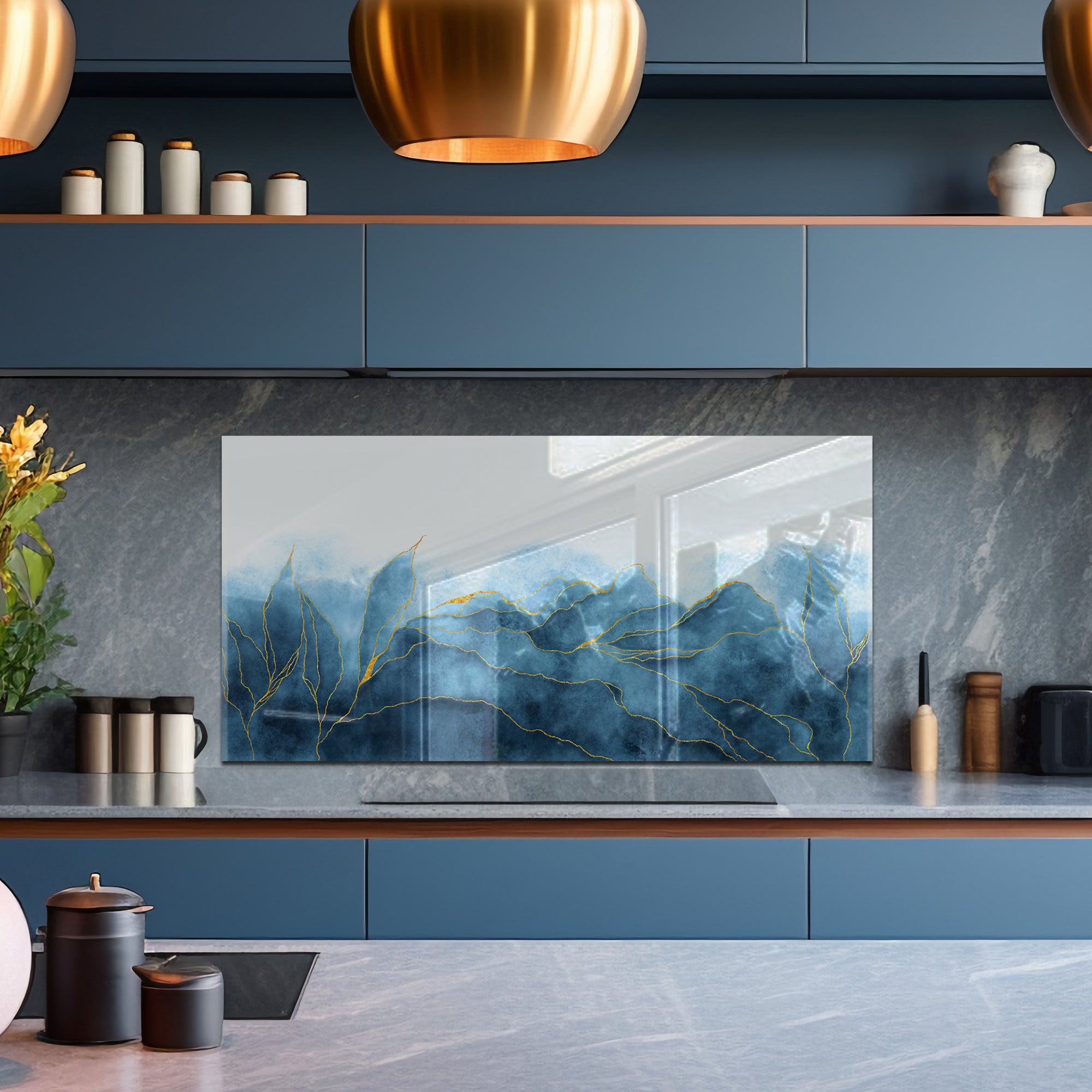 Blue Mountains Glass Backsplash – Gold Line Abstract Kitchen Panel