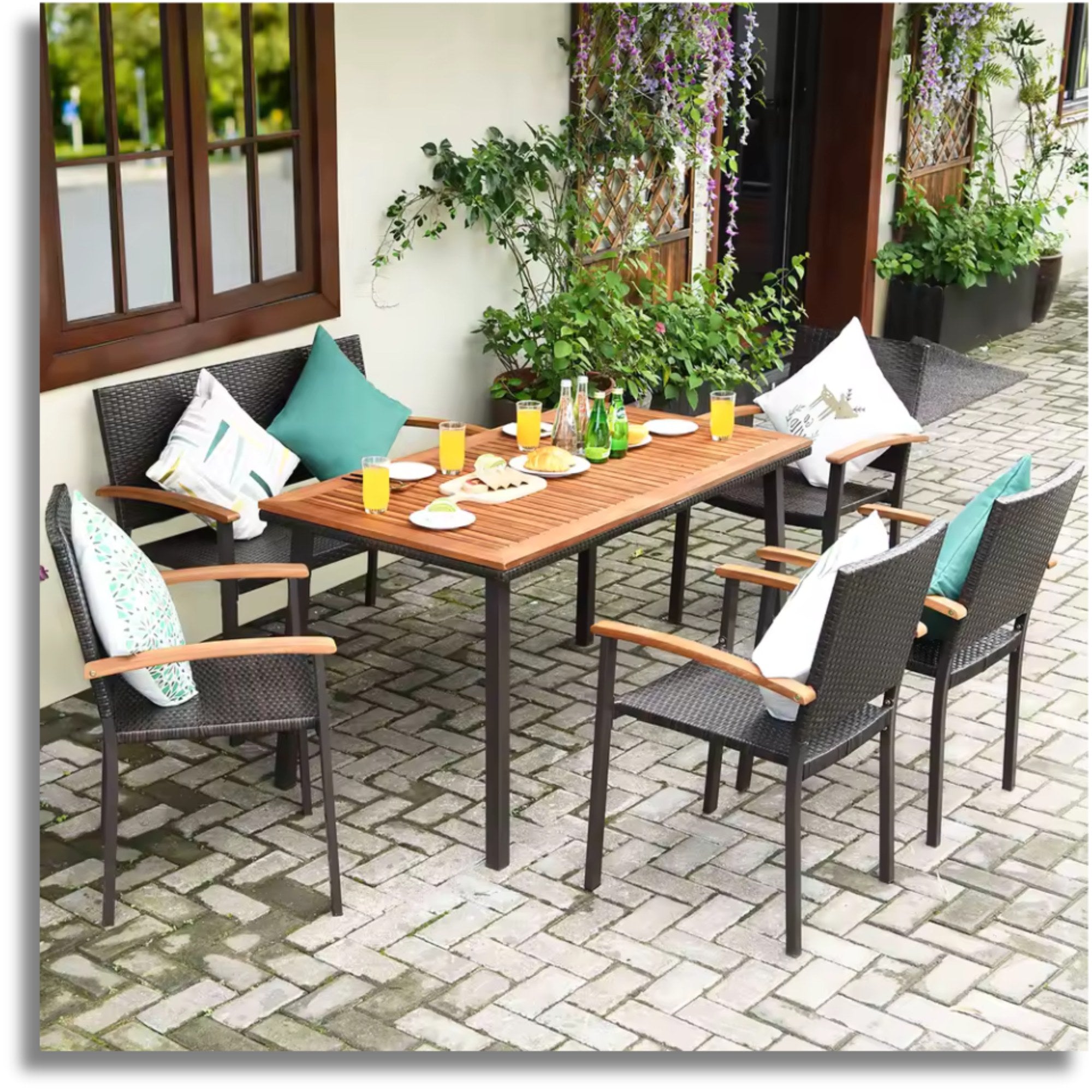 6PCS Patio Dining Set by Add2Home – Acacia Wood Table & Rattan Seating