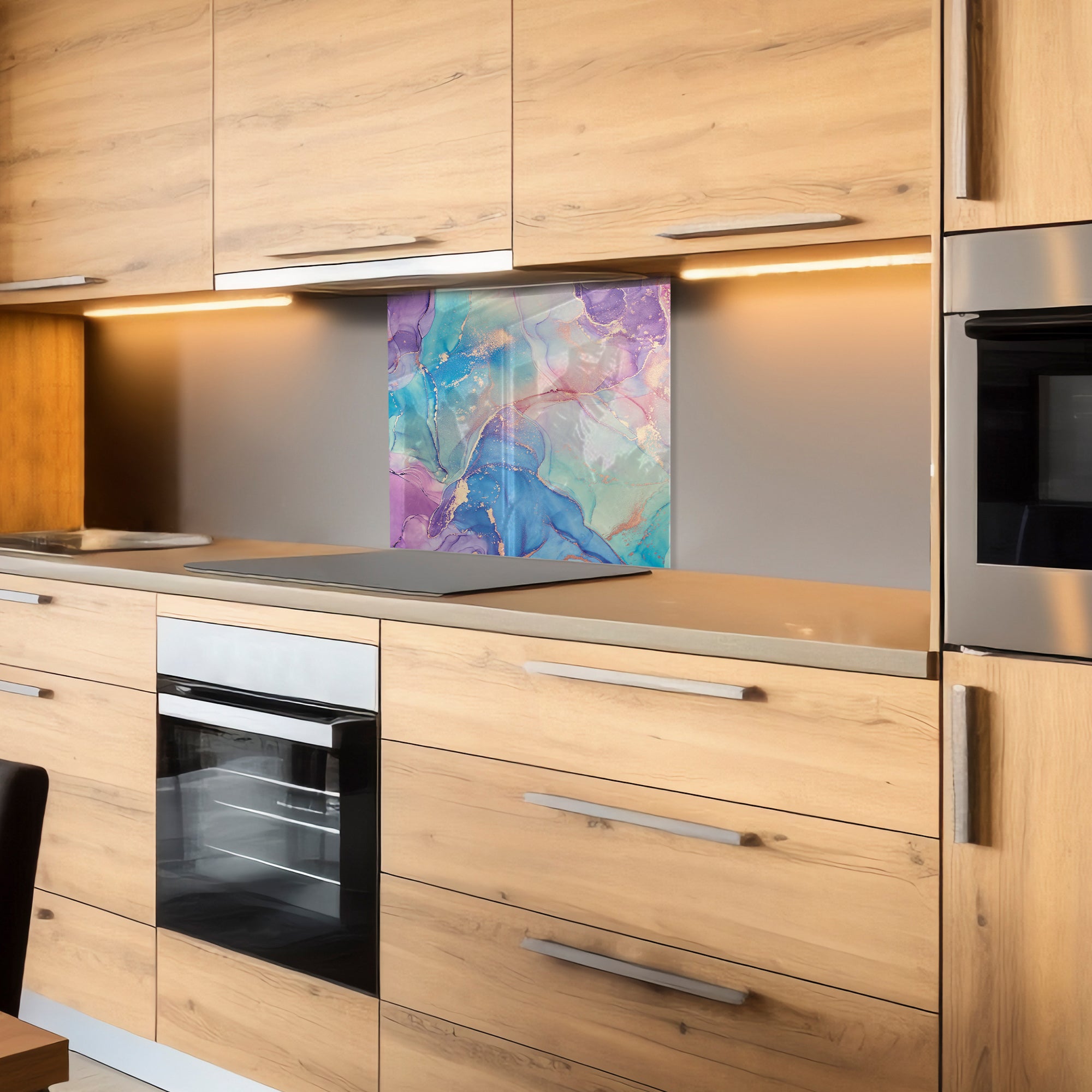 Colorful Ink Marble Glass Backsplash – Purple & Blue Abstract Kitchen Panel