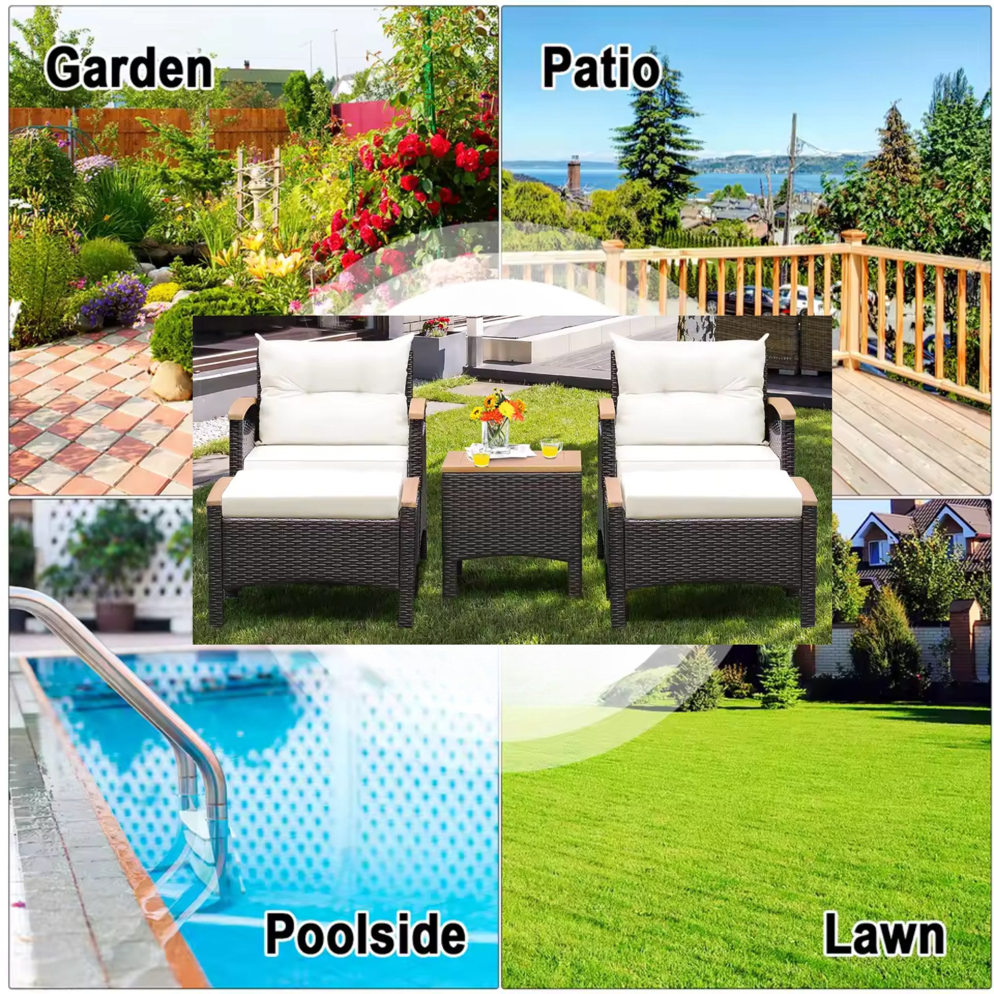 5PCS Patio Sofa Set by Add2Home – Rattan Chairs & Ottomans with Wood Top Table