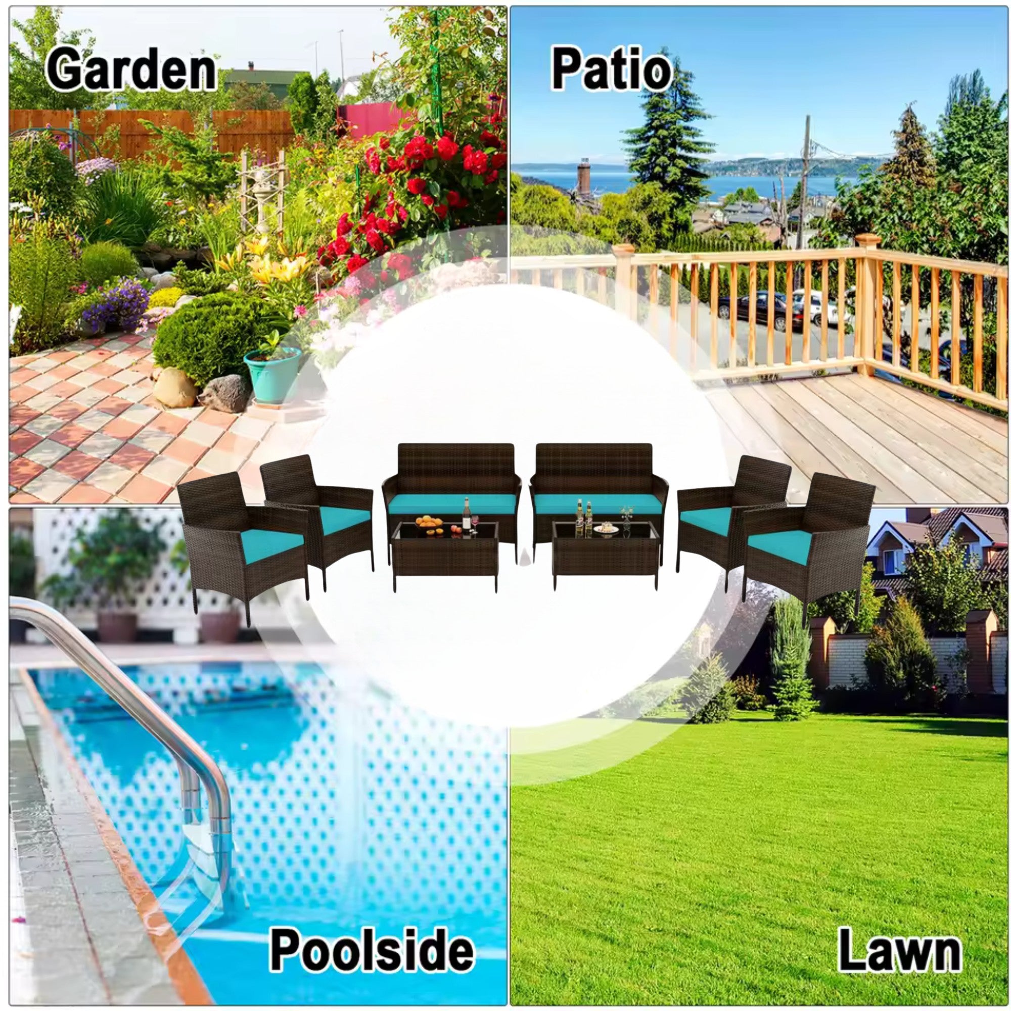 8PCS Outdoor Sectional Set by Add2Home – PE Rattan with Turquoise Cushions