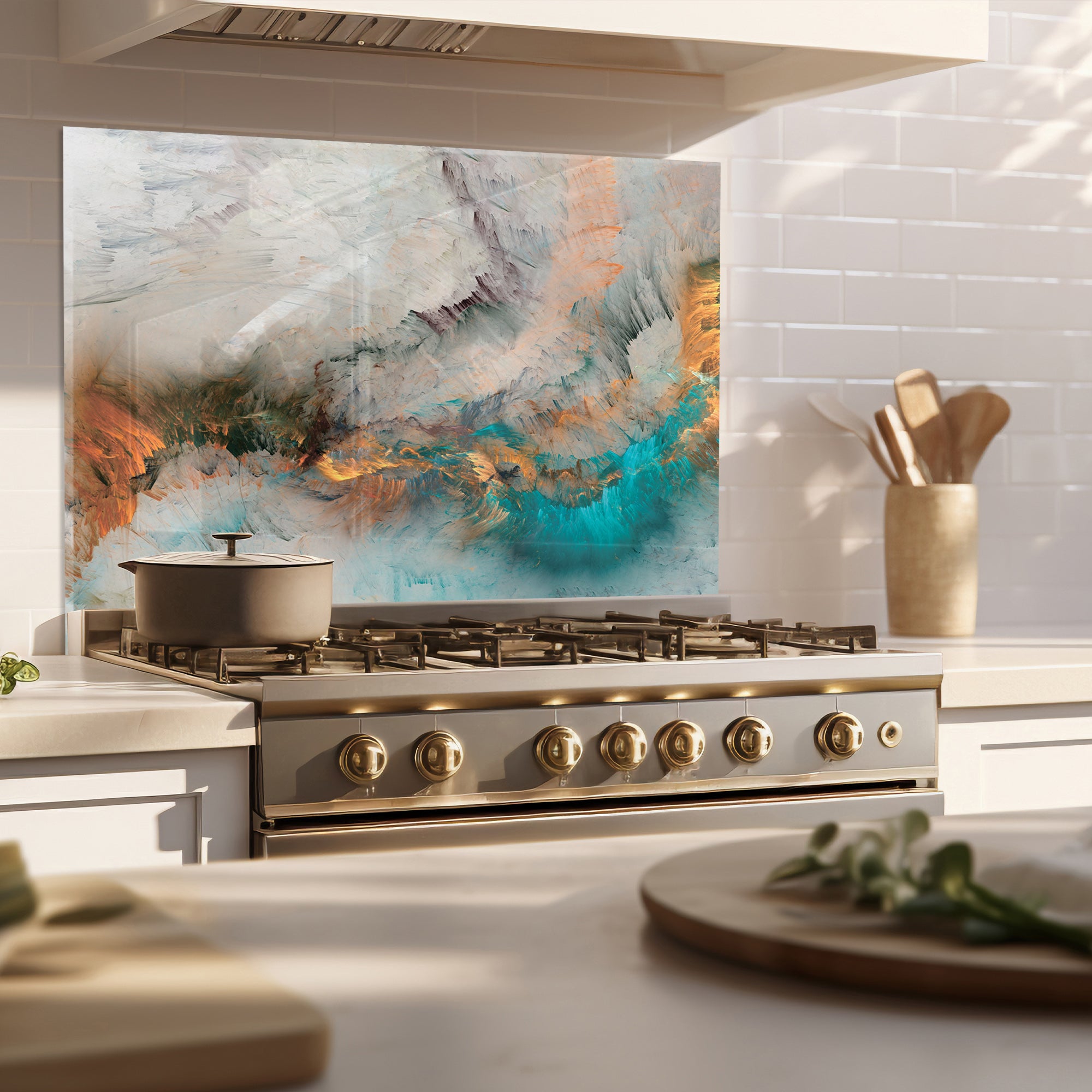 Abstract Ocean Mist Tempered Glass Backsplash – Turquoise & Copper Art Panel