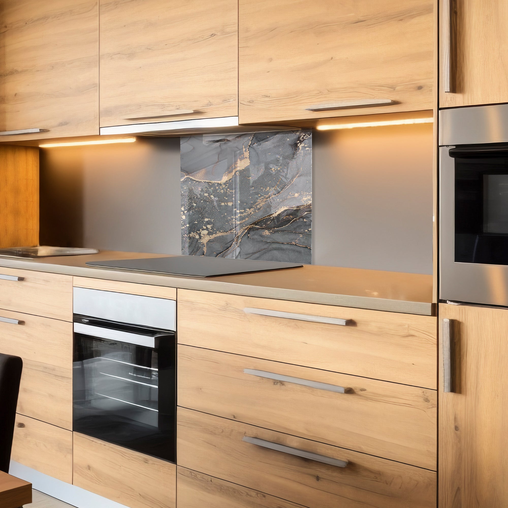 Grey Marble Tempered Glass Backsplash – Gold Vein Luxury Kitchen Panel