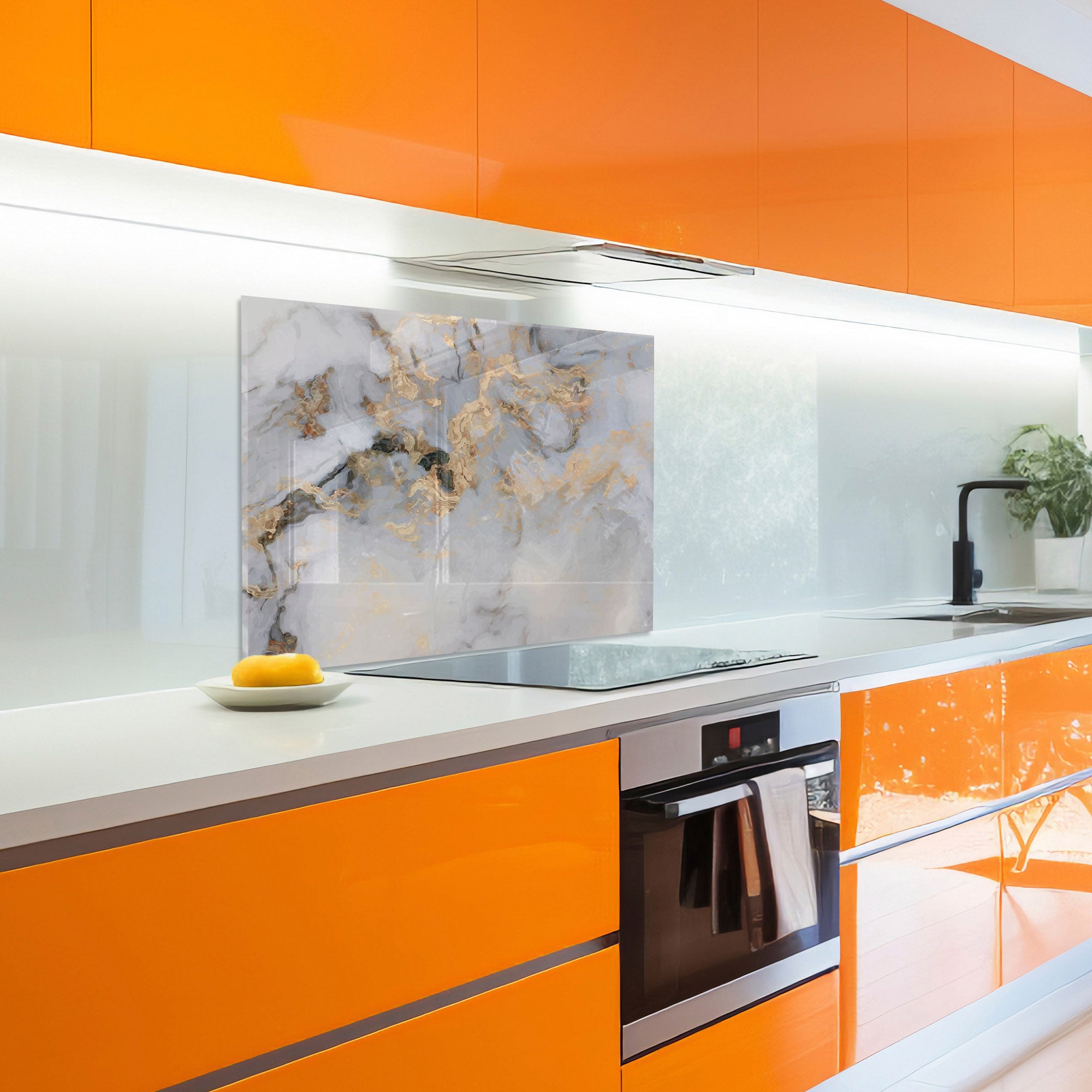 White & Gold Marble Tempered Glass Backsplash – Elegant Kitchen Wall Panel