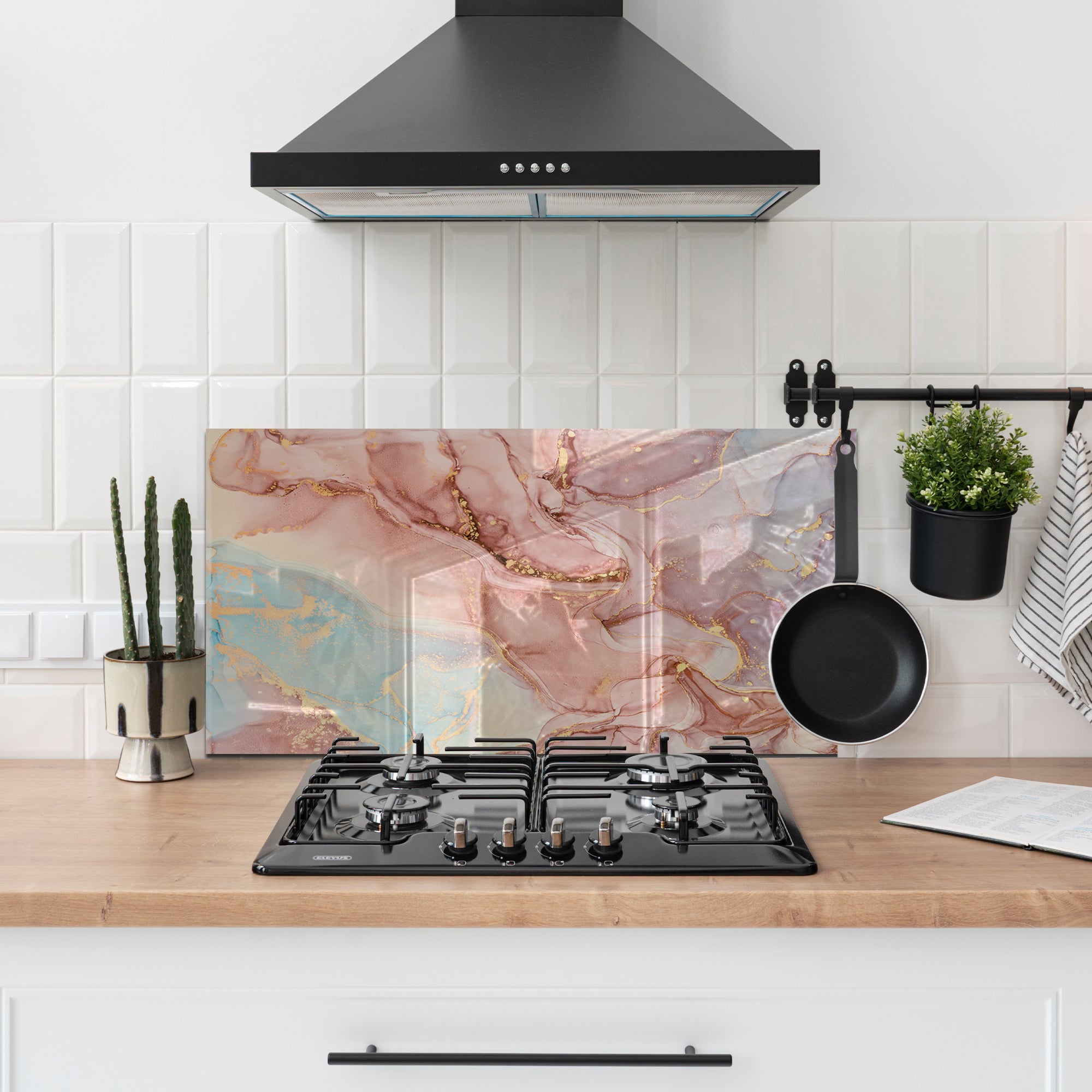 Pink Ink Marble Glass Backsplash – Elegant Abstract Kitchen Panel