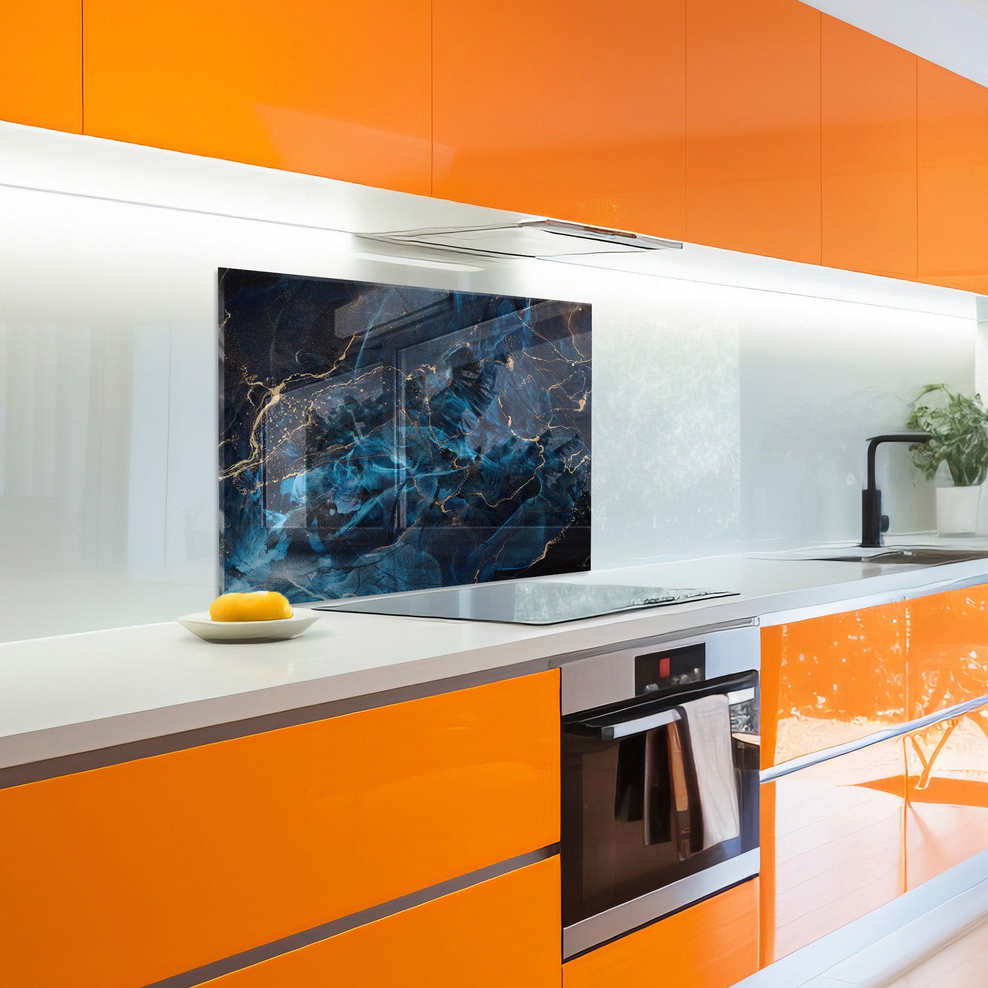 Blue Marble Tempered Glass Backsplash – Luxury Gold Vein Kitchen Panel