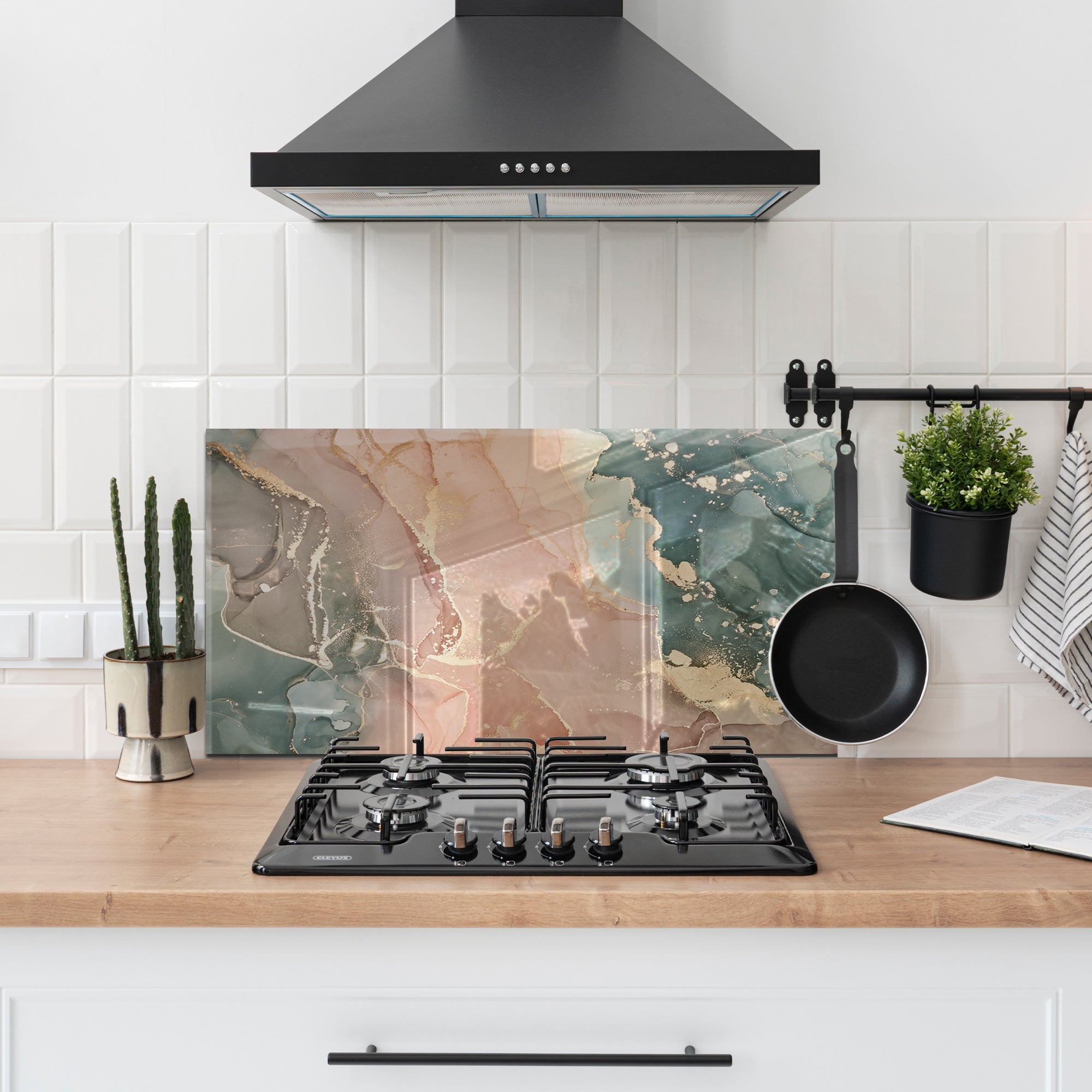 Green & Beige Ink Marble Glass Backsplash – Abstract Kitchen Panel