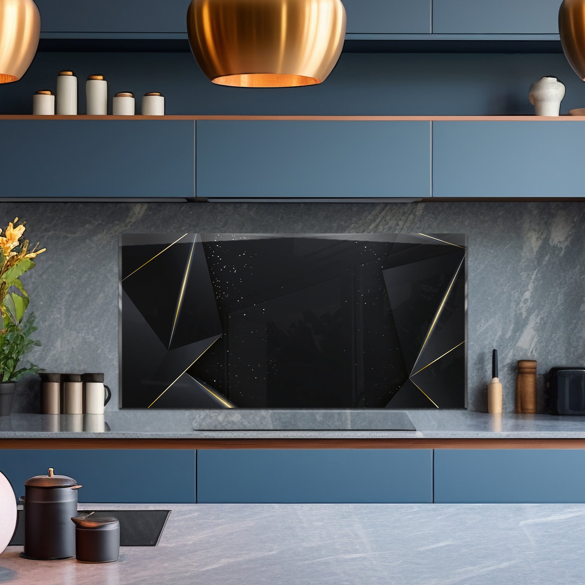 Black & Gold Geometric Tempered Glass Backsplash – Luxury Kitchen Panel