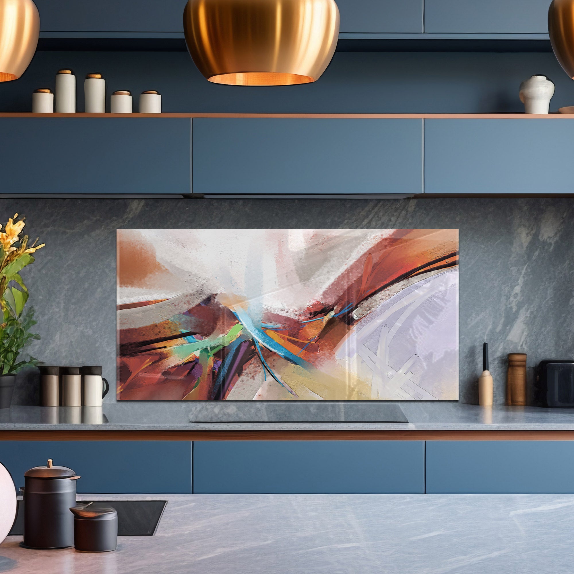 Abstract Color Splash Tempered Glass Backsplash – Modern Kitchen Wall Protector