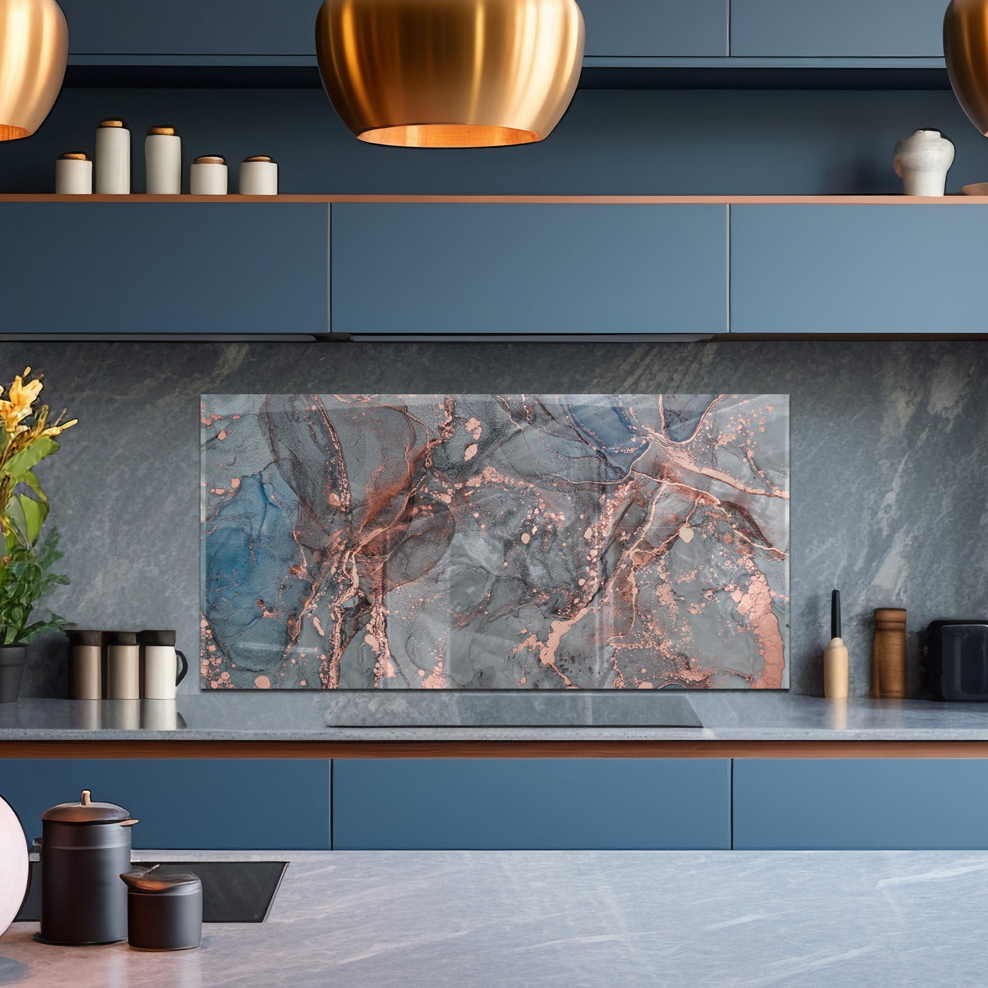Smoky Rose Marble Tempered Glass Backsplash – Grey & Copper Abstract Panel
