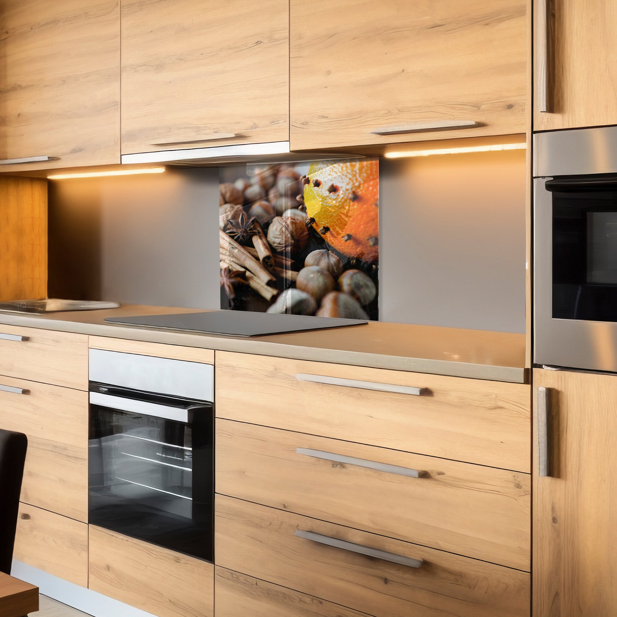 Spices & Nuts Tempered Glass Backsplash – Warm Gourmet Kitchen Panel