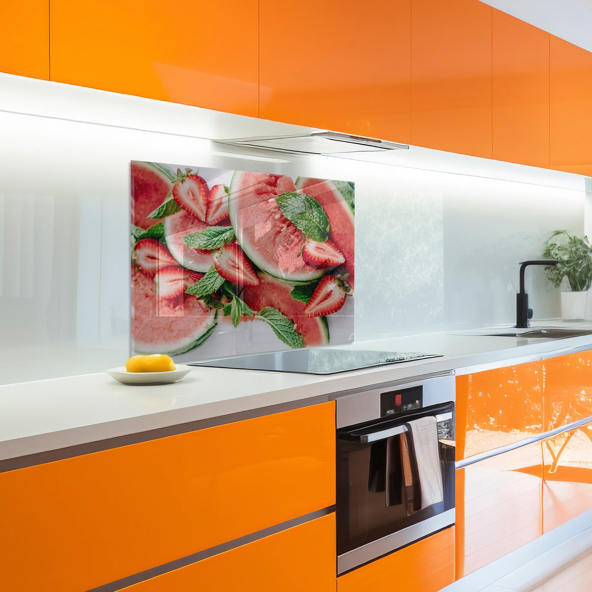 Watermelon & Strawberry Tempered Glass Backsplash – Fresh Summer Kitchen Panel