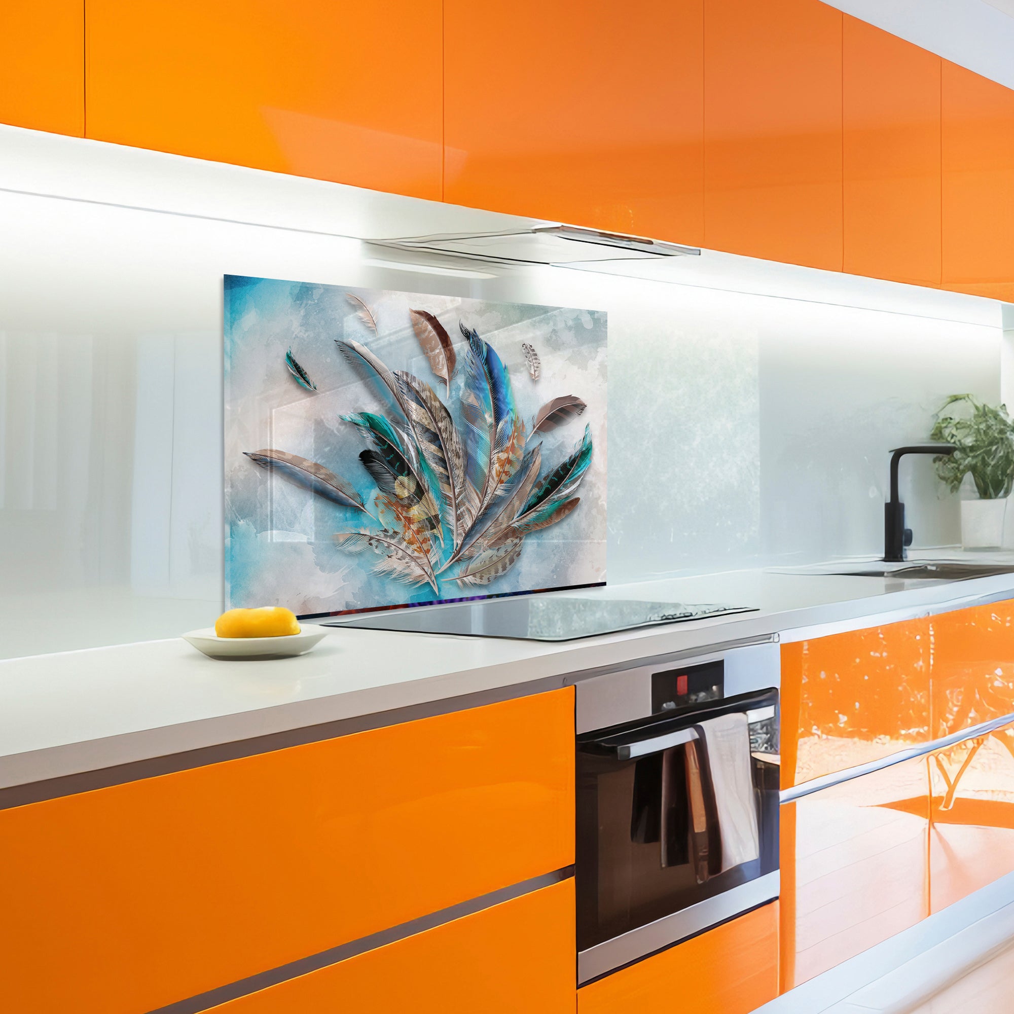 Feather Burst Tempered Glass Backsplash – Colorful Kitchen Art Panel