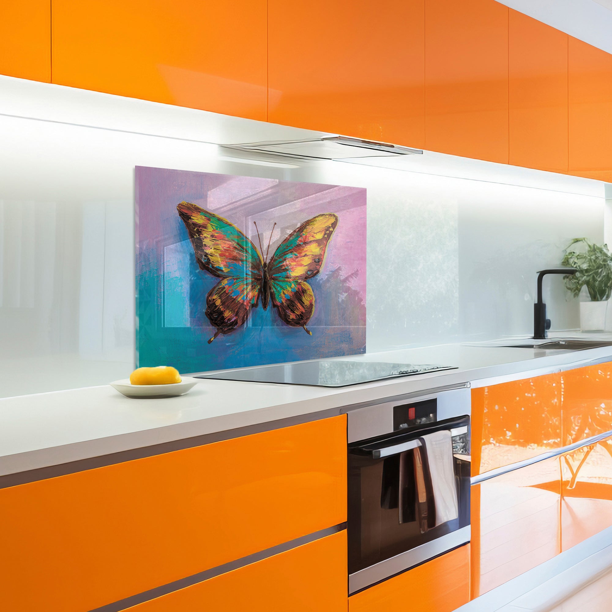 Colorful Butterfly Tempered Glass Backsplash – Artistic Kitchen Wall Panel