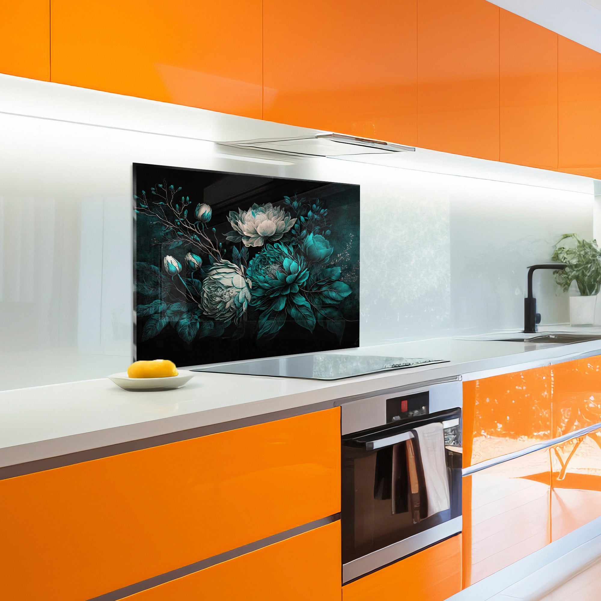 Floral Elegance Tempered Glass Backsplash – Dark Botanical Kitchen Panel