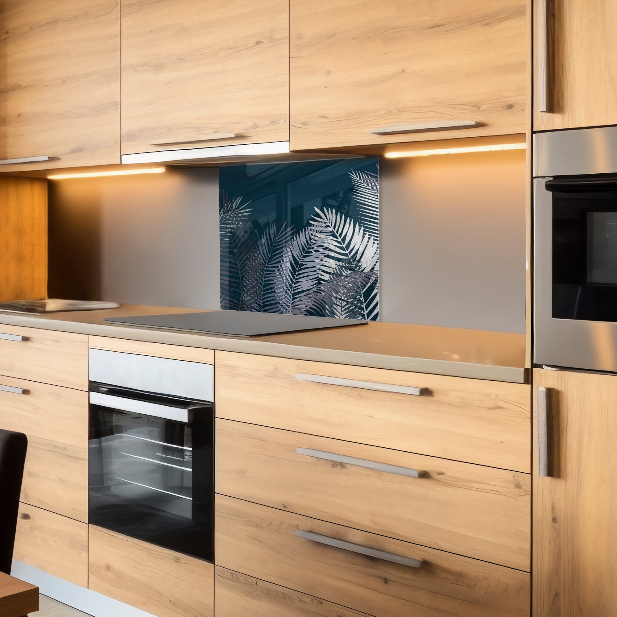 Midnight Palm Leaves Tempered Glass Backsplash – Dark Tropical Kitchen Panel