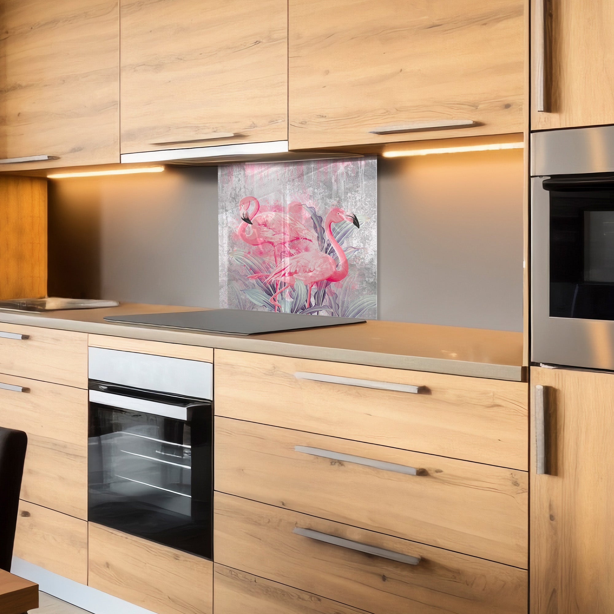 Pink Flamingos Tempered Glass Backsplash – Tropical Kitchen Art Panel