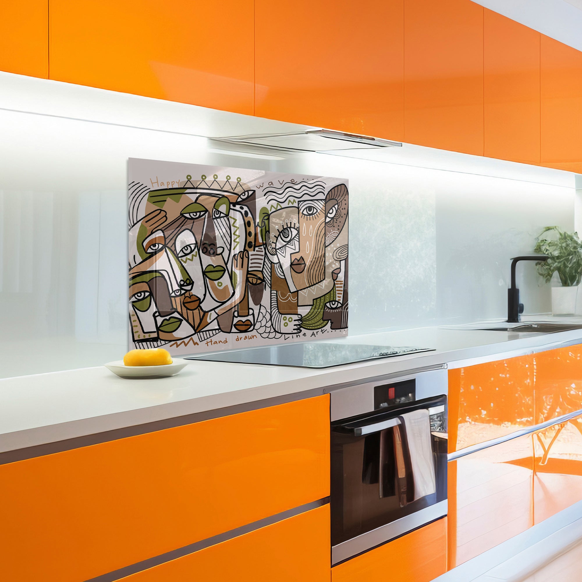 Cubist Faces Tempered Glass Backsplash – Abstract Modern Art Kitchen Panel