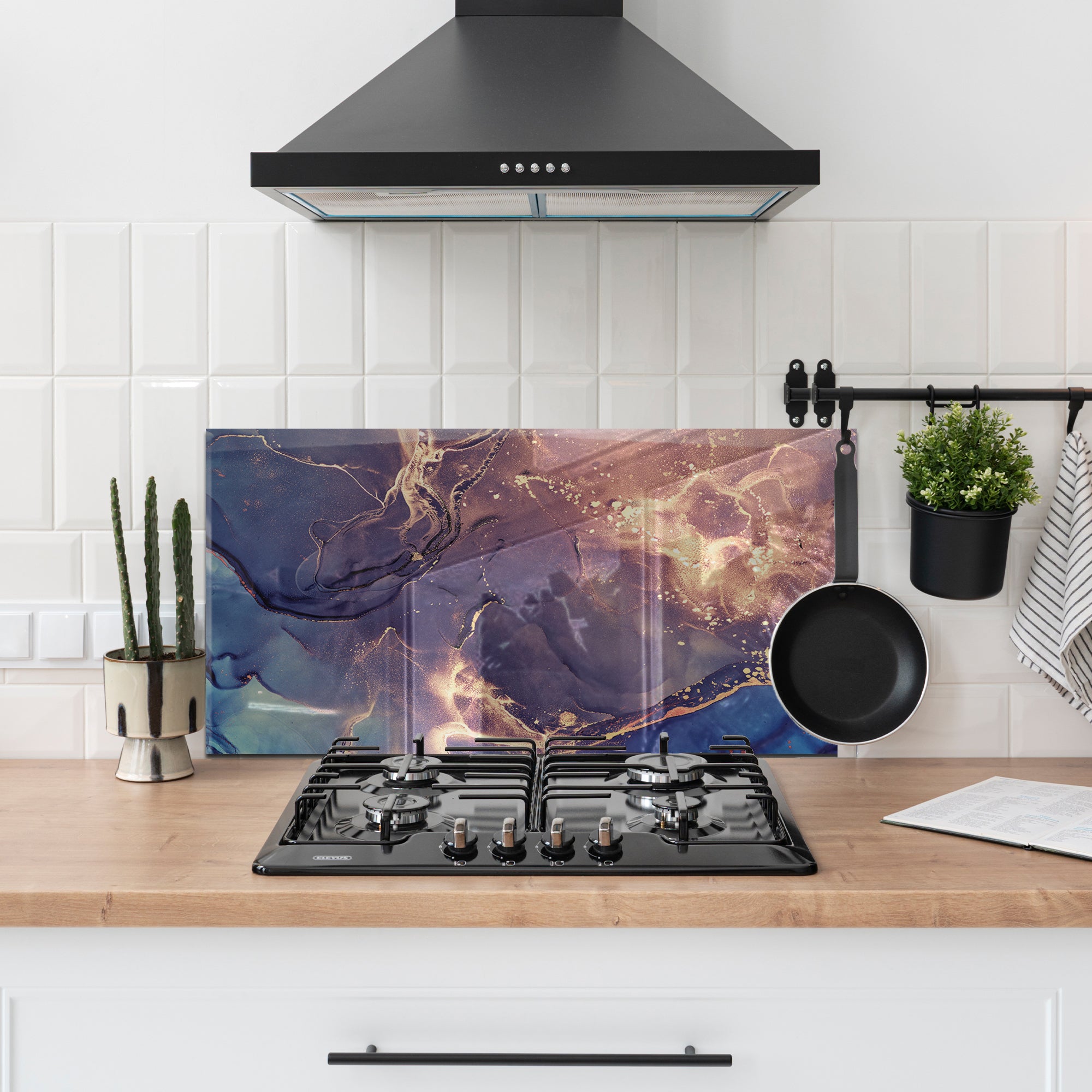 Ink Marble Tempered Glass Backsplash – Blue & Gold Abstract Kitchen Panel
