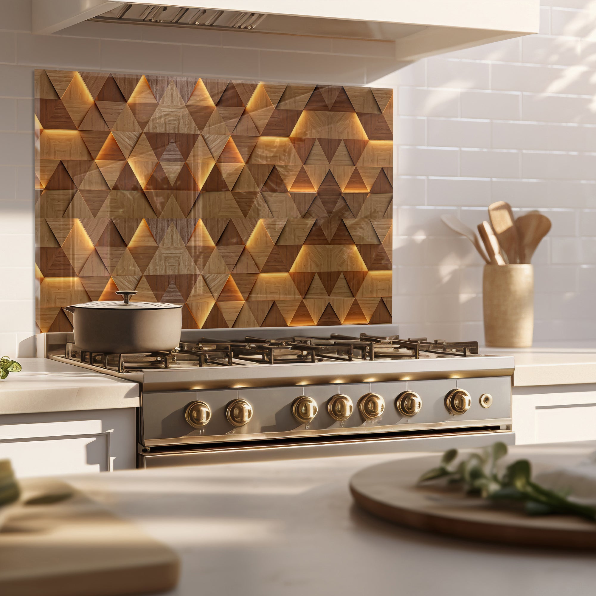 Geometric Wood Pattern Tempered Glass Backsplash