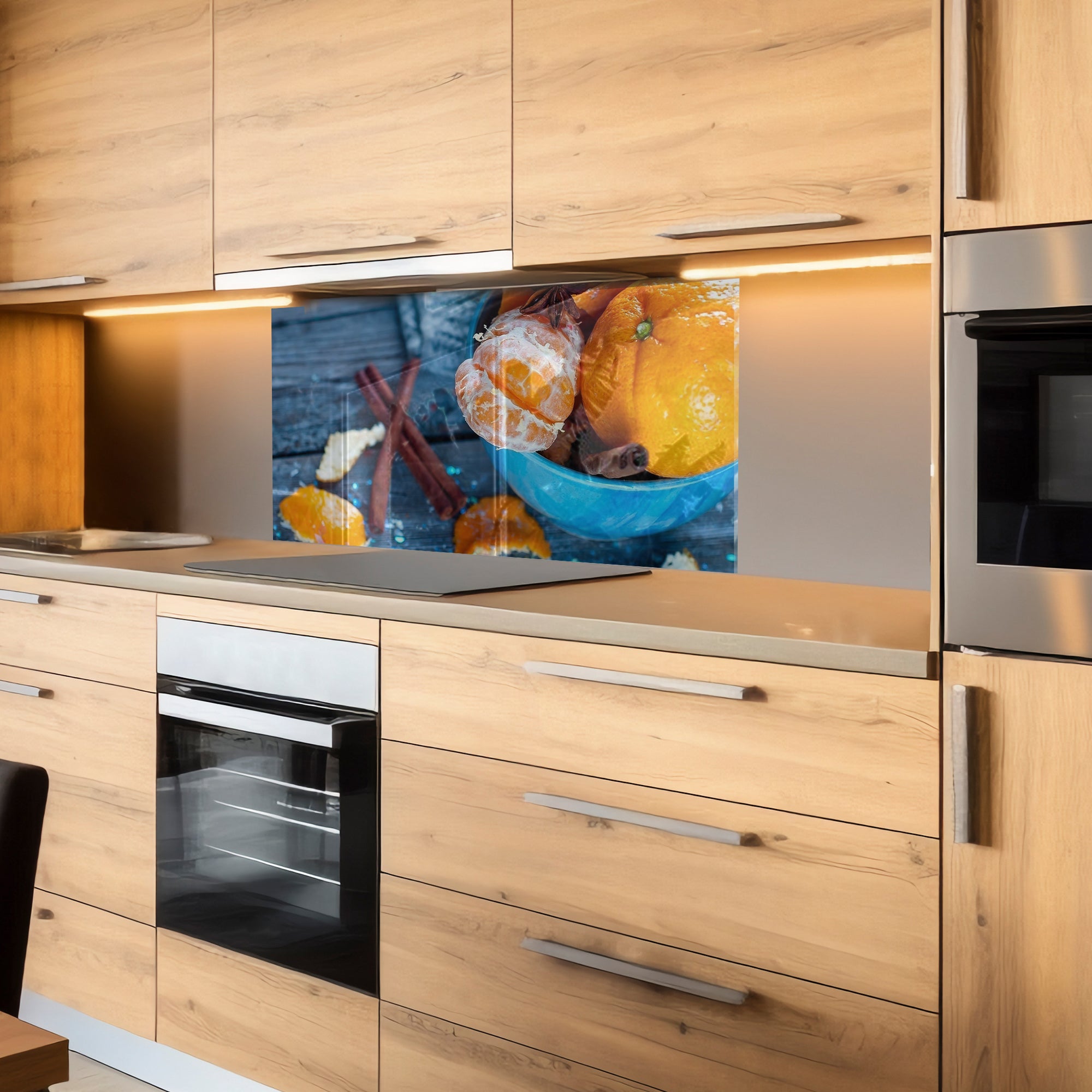 Citrus & Spice Tempered Glass Backsplash – Cozy Kitchen Wall Panel
