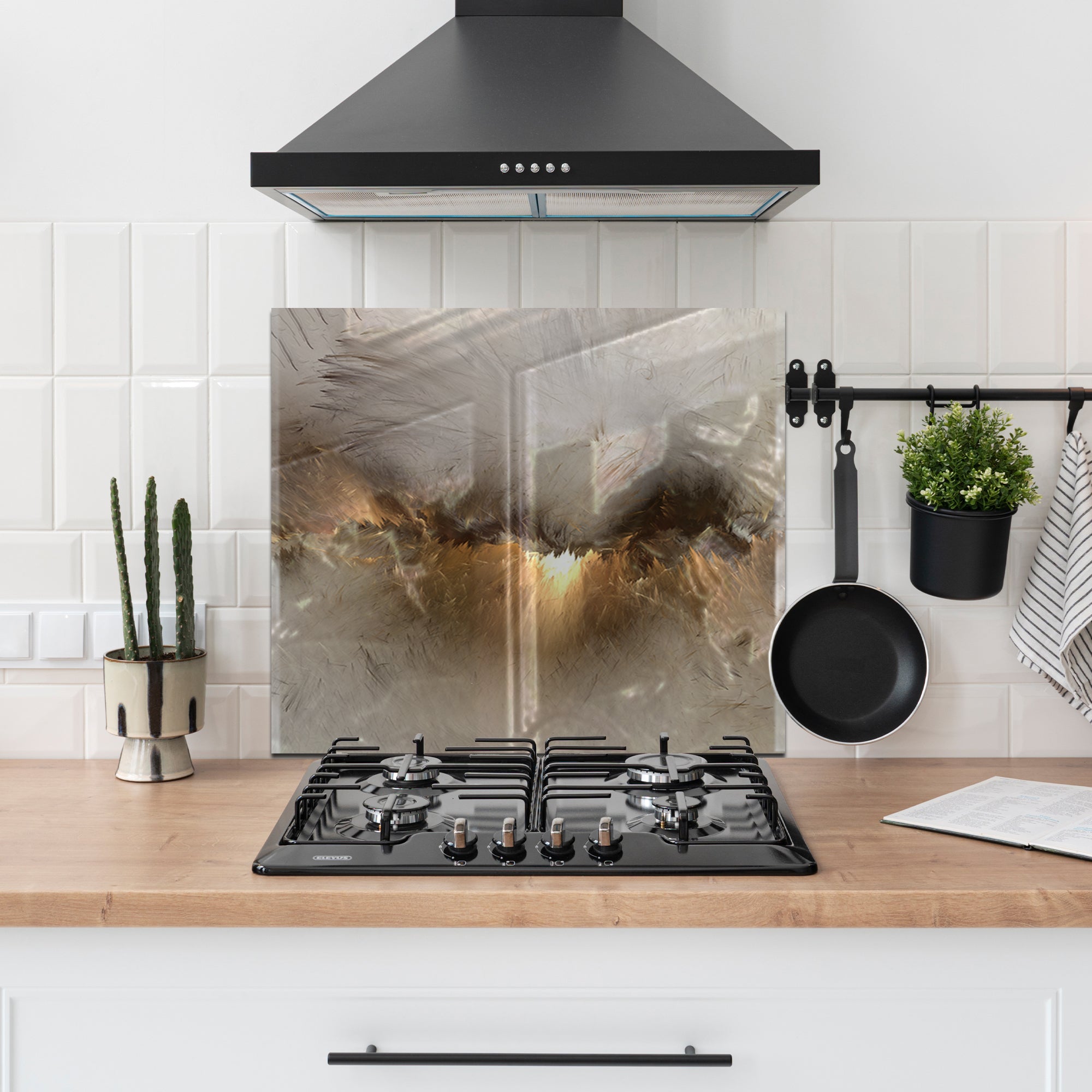 Abstract Grey & Gold Tempered Glass Backsplash – Modern Kitchen Wall Panel