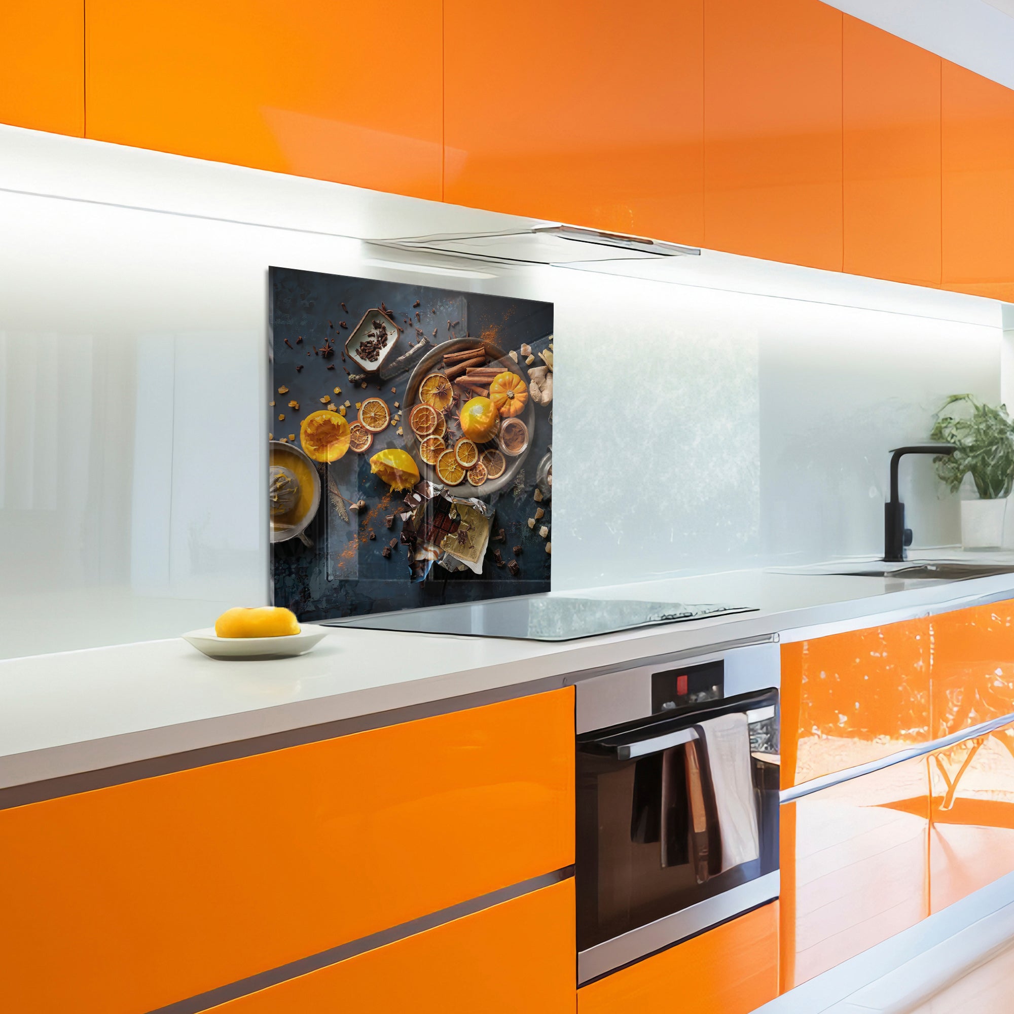 Orange & Spice Tempered Glass Backsplash – Cozy Gourmet Kitchen Wall Panel