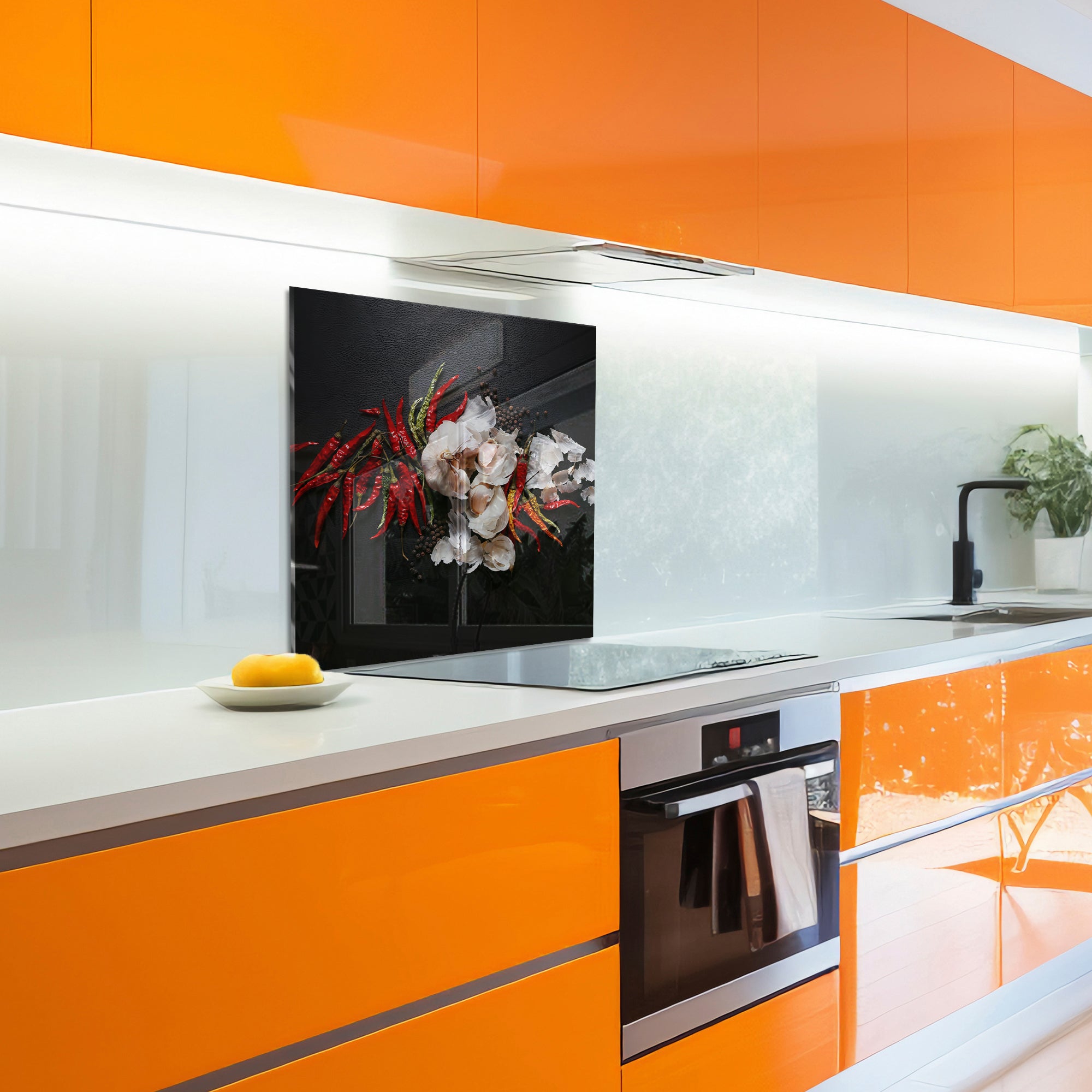 Chili & Garlic Tempered Glass Backsplash – Bold Spicy Kitchen Wall Panel