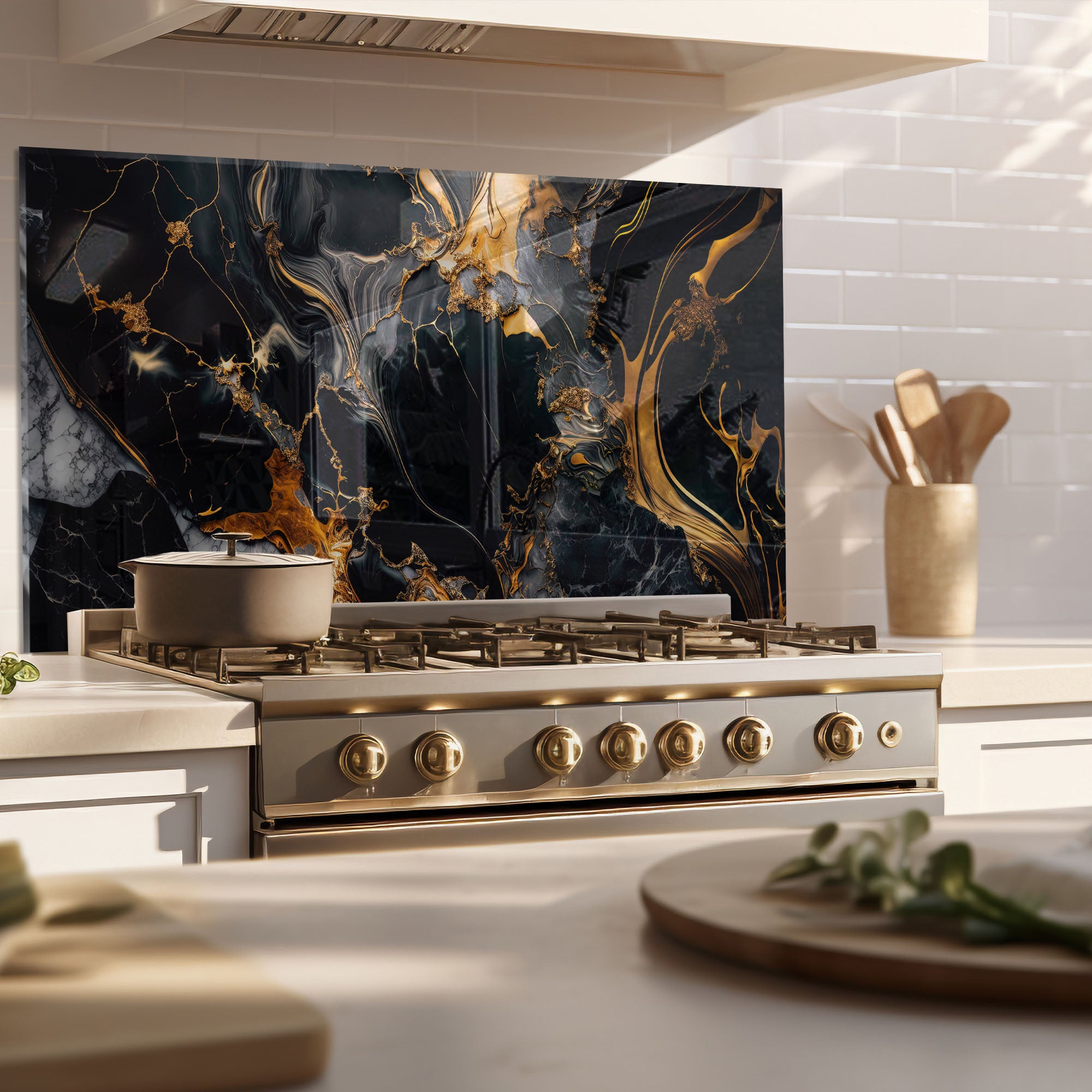 Black and Gold Marble Tempered Glass Stove Backsplash – Heat-Resistant Modern Kitchen Wall Panel