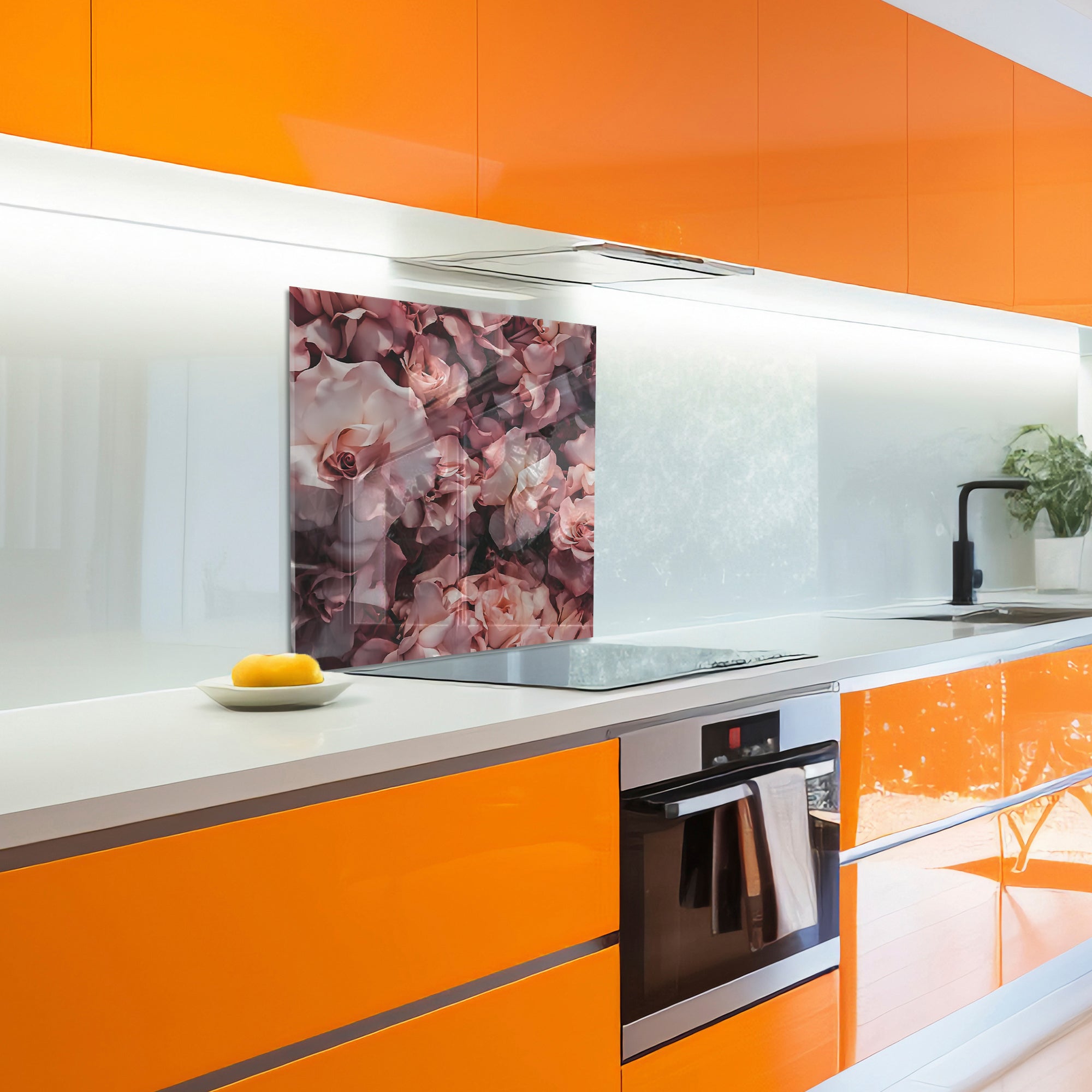 Pink Roses Tempered Glass Backsplash – Romantic Floral Kitchen Panel