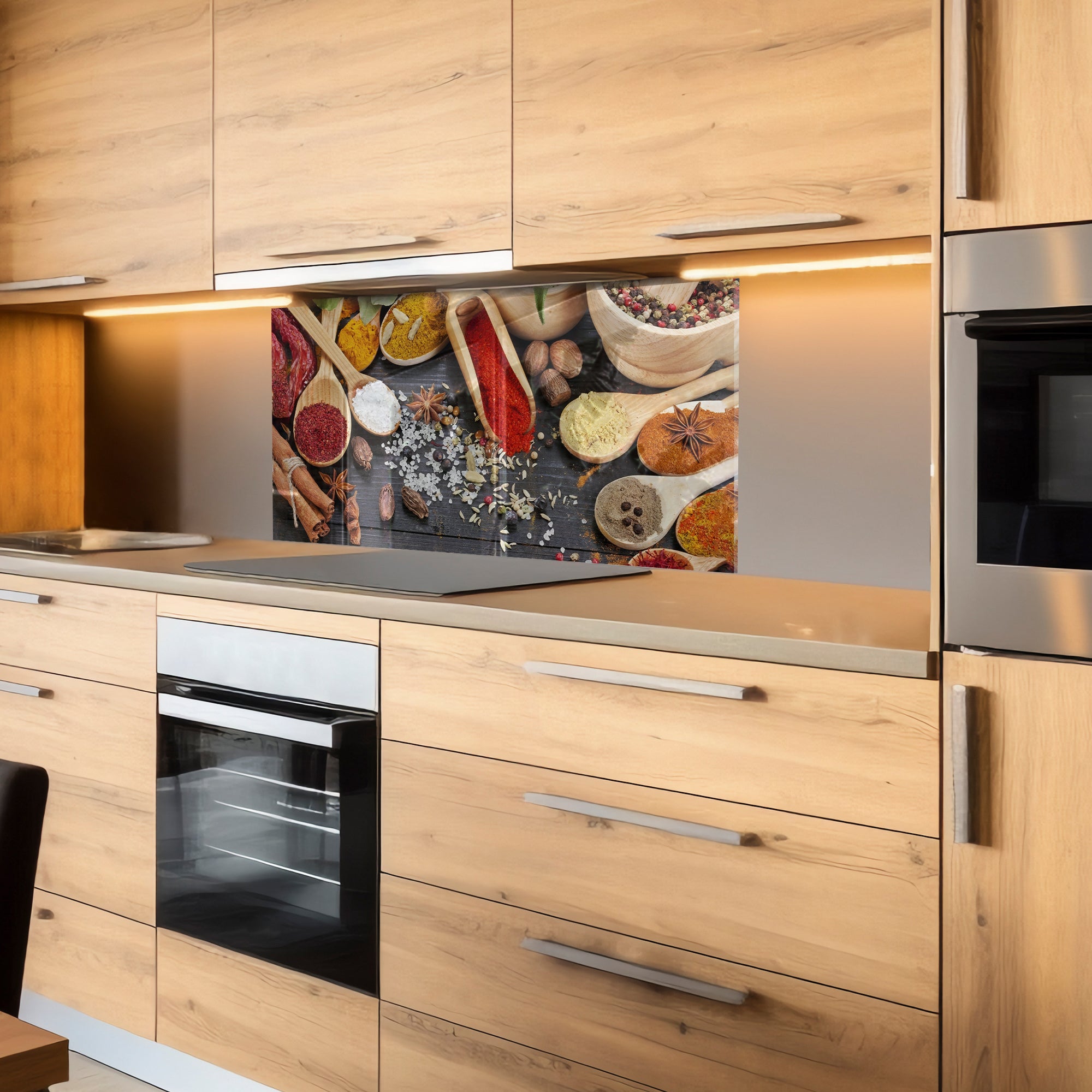 Colorful Spices Tempered Glass Backsplash – Gourmet Kitchen Heat Shield
