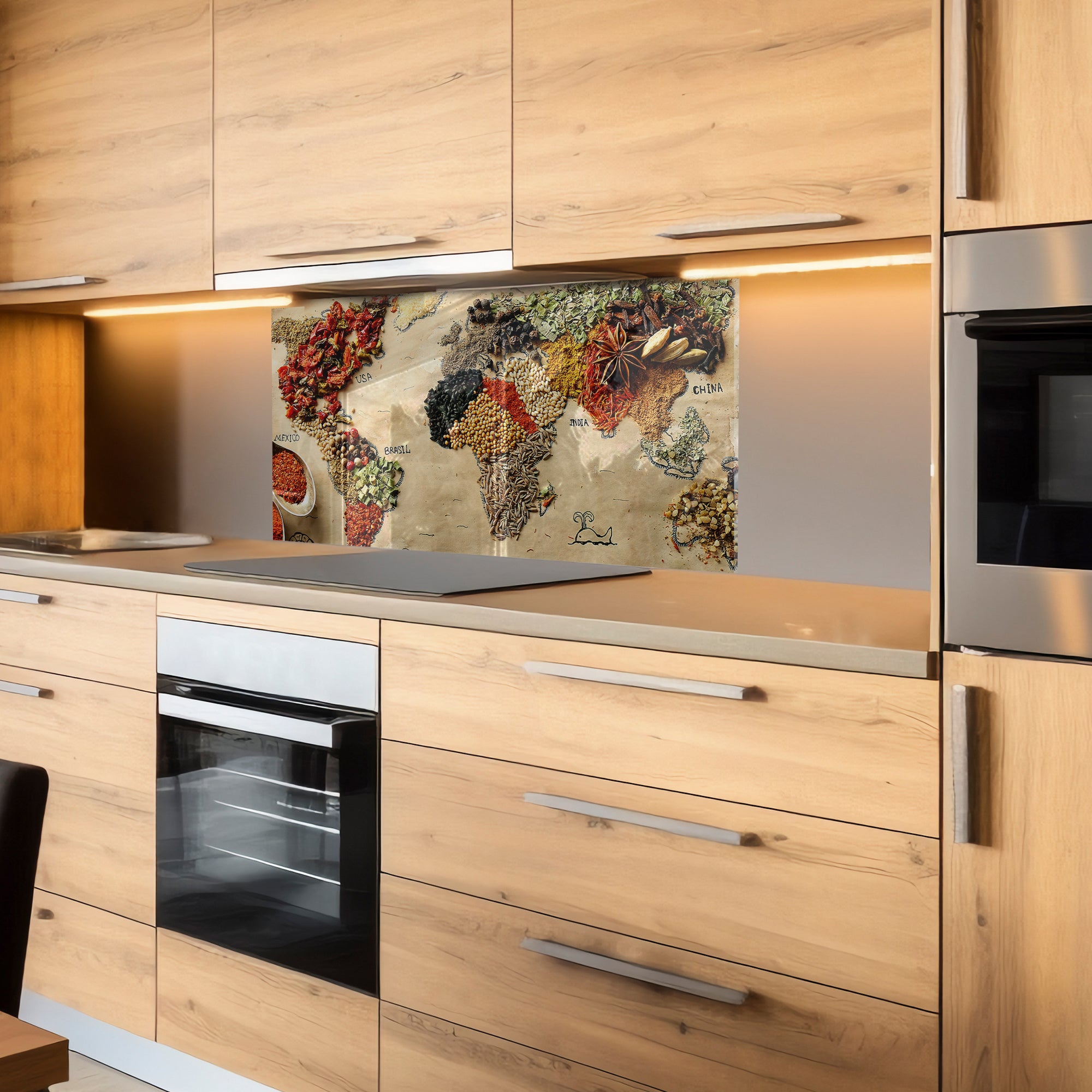World Map Spices Tempered Glass Backsplash – Culinary Travel Kitchen Panel