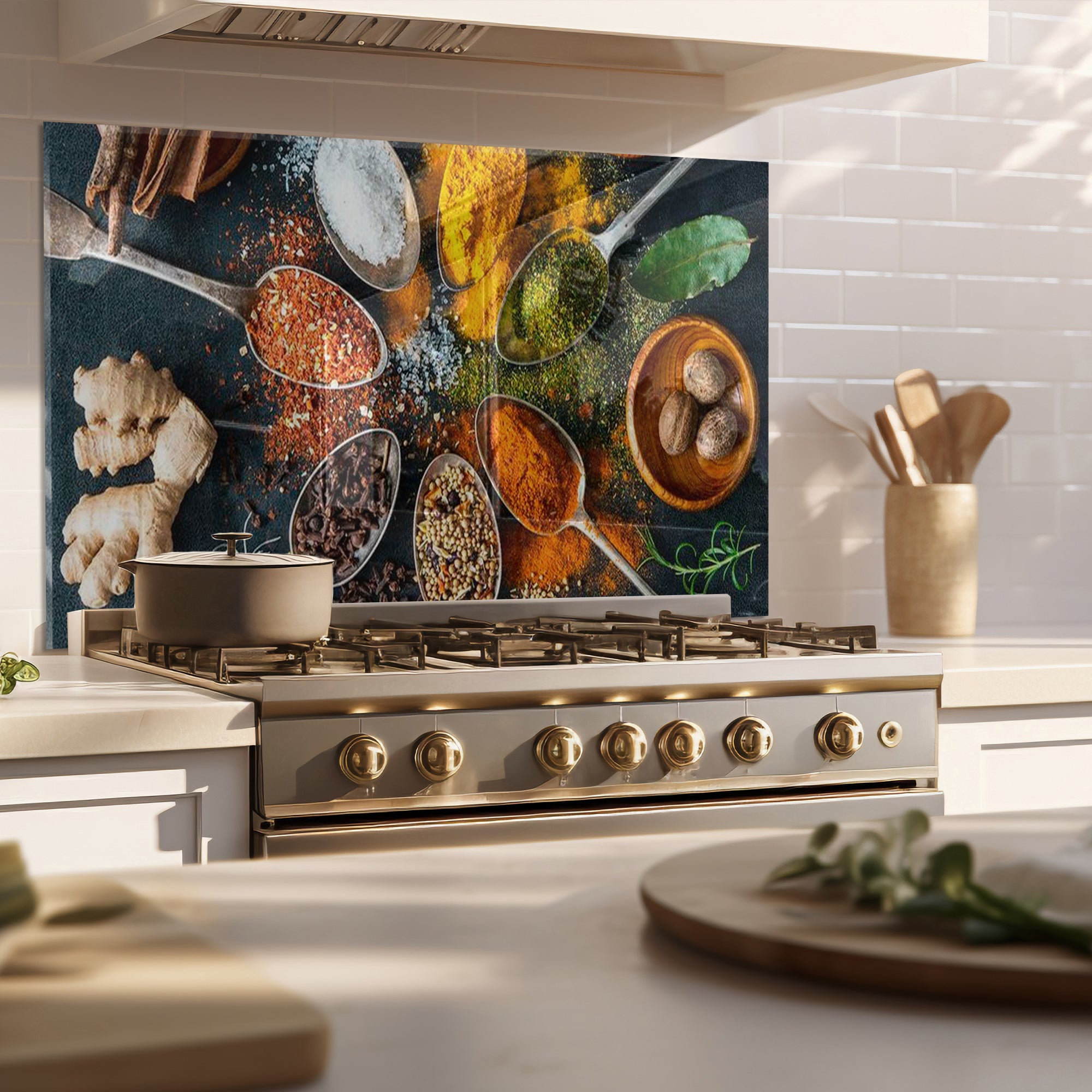 Colorful Spices Tempered Glass Backsplash – Culinary Art Kitchen Wall Panel