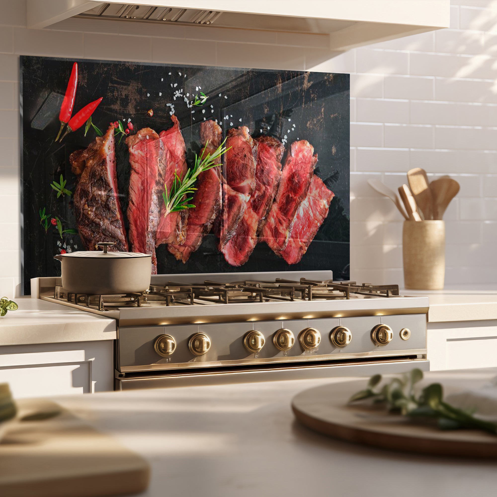 Juicy Steak Tempered Glass Backsplash – Meat Lover’s Kitchen Wall Panel