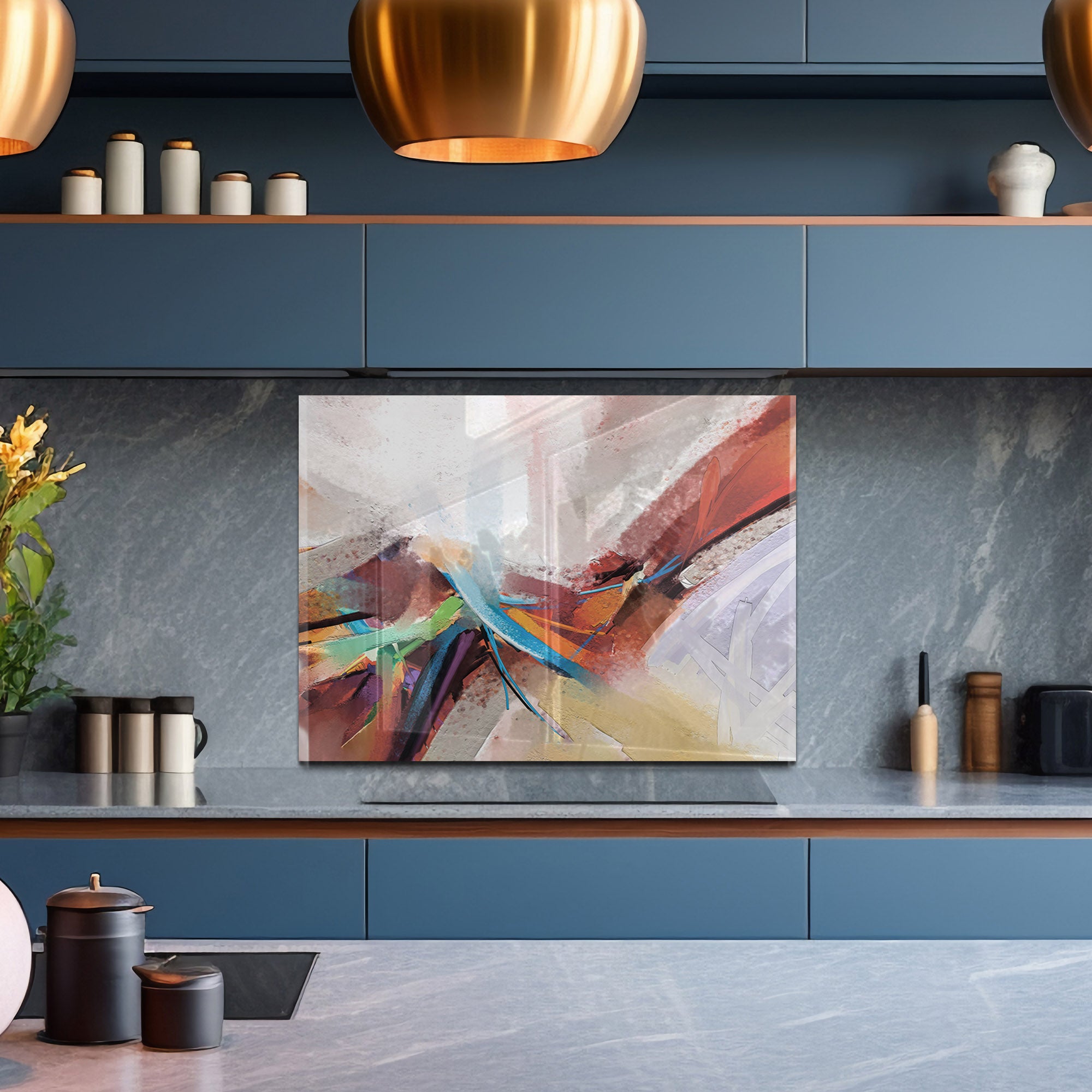 Abstract Color Splash Tempered Glass Backsplash – Modern Kitchen Wall Protector