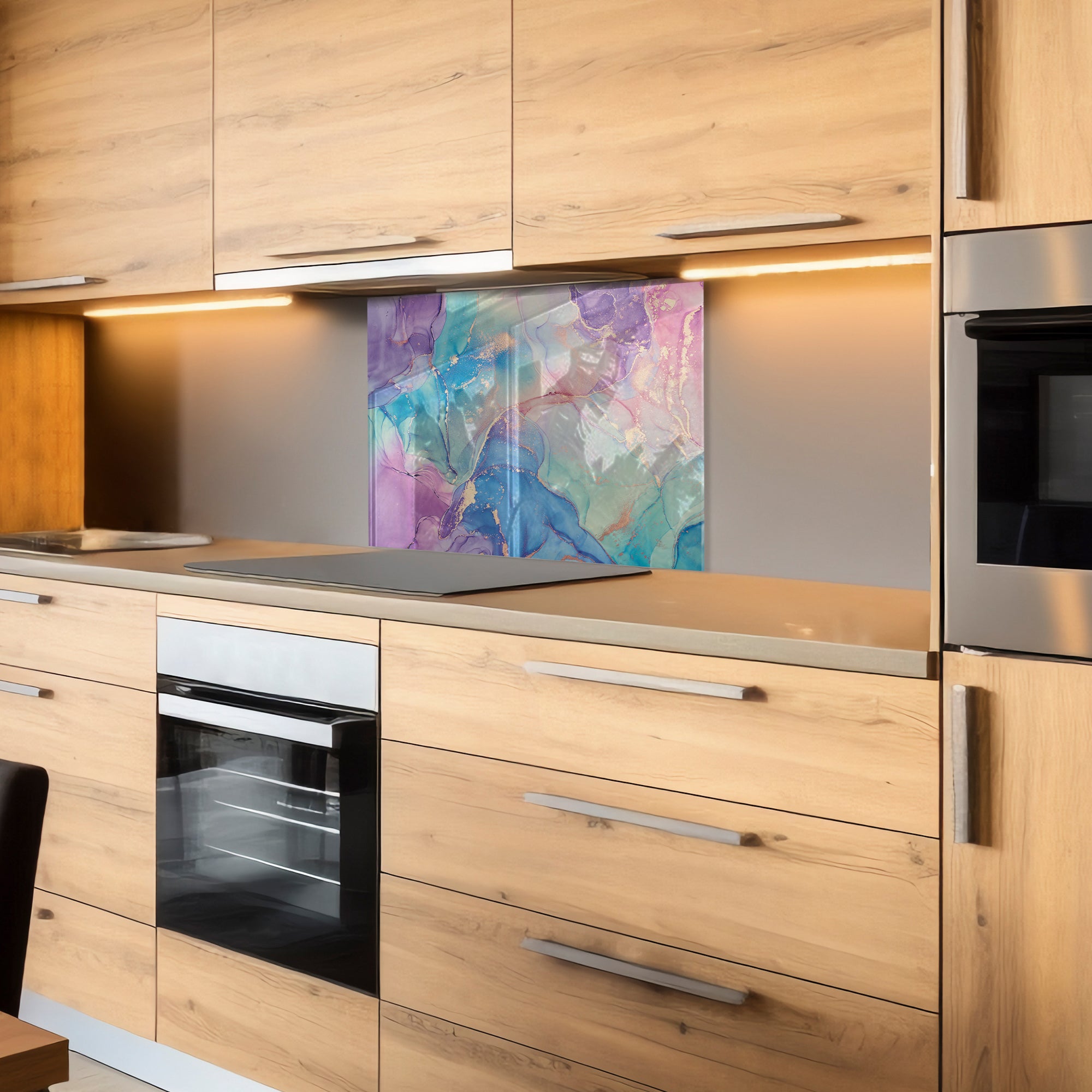 Colorful Ink Marble Glass Backsplash – Purple & Blue Abstract Kitchen Panel