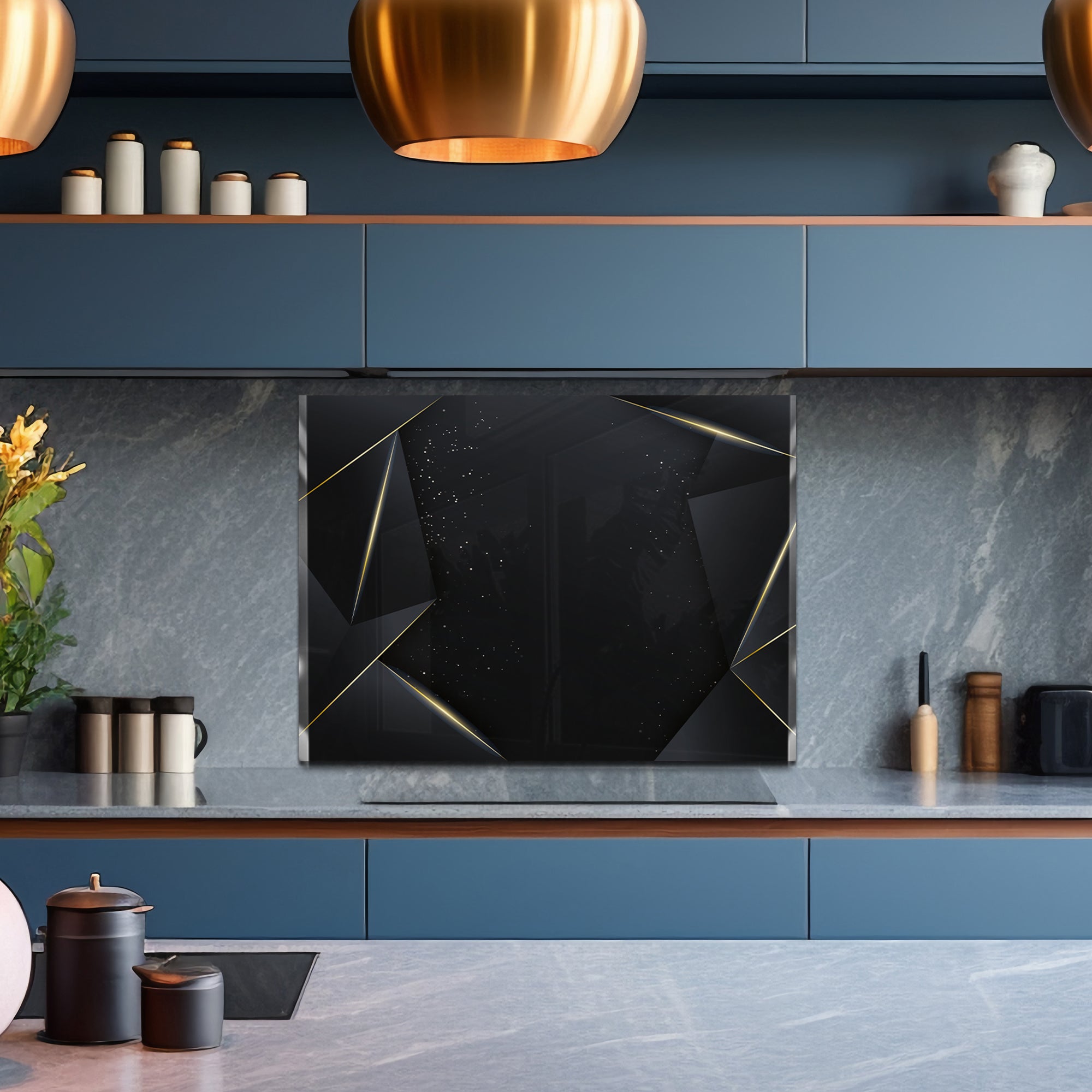Black & Gold Geometric Tempered Glass Backsplash – Luxury Kitchen Panel
