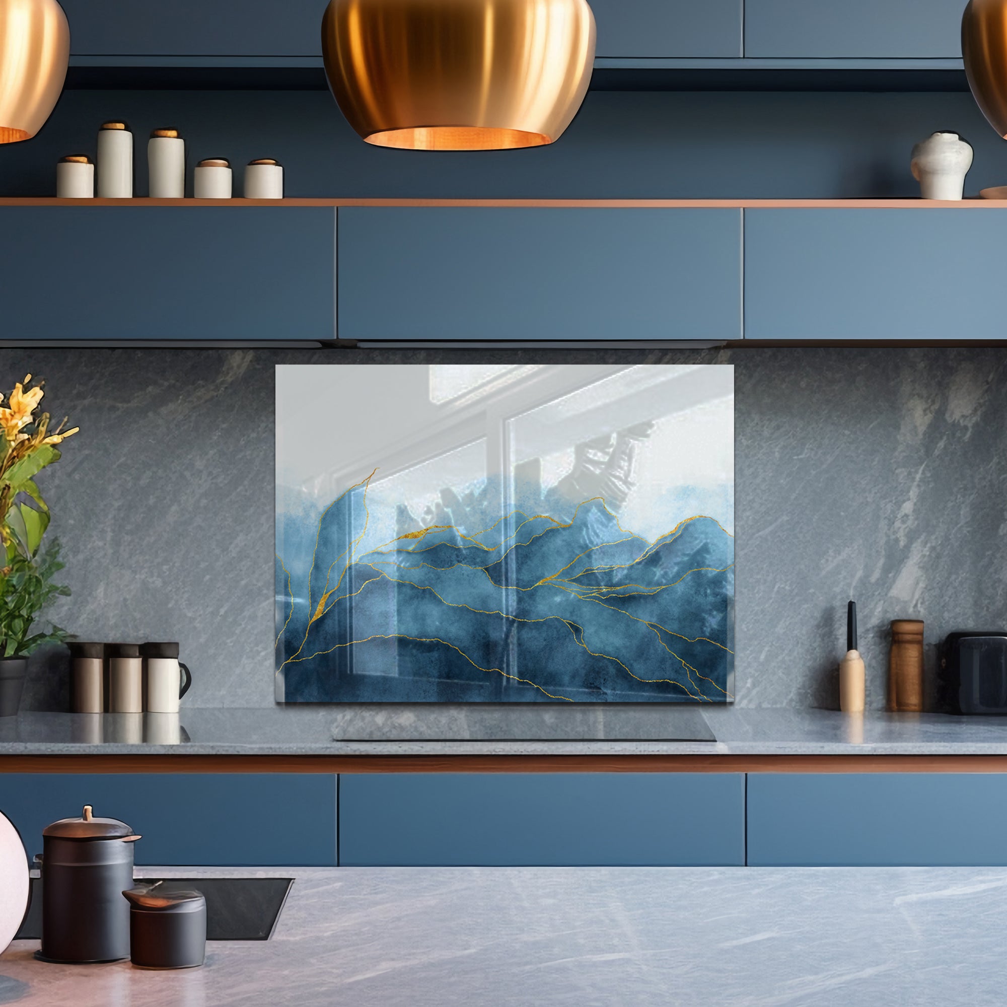 Blue Mountains Glass Backsplash – Gold Line Abstract Kitchen Panel