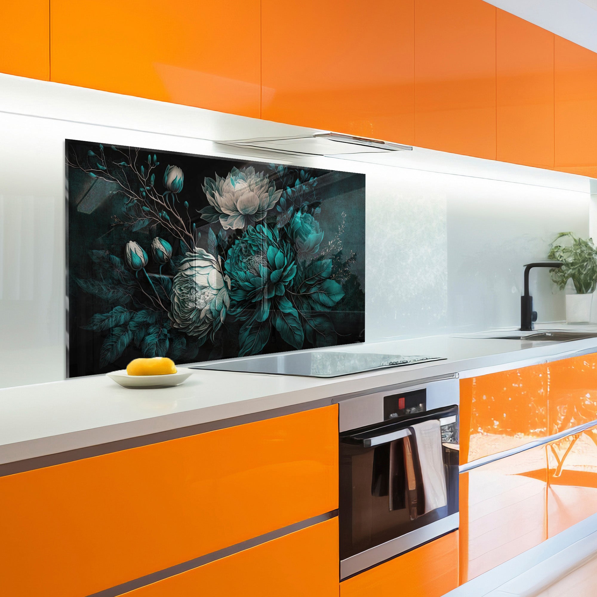 Floral Elegance Tempered Glass Backsplash – Dark Botanical Kitchen Panel