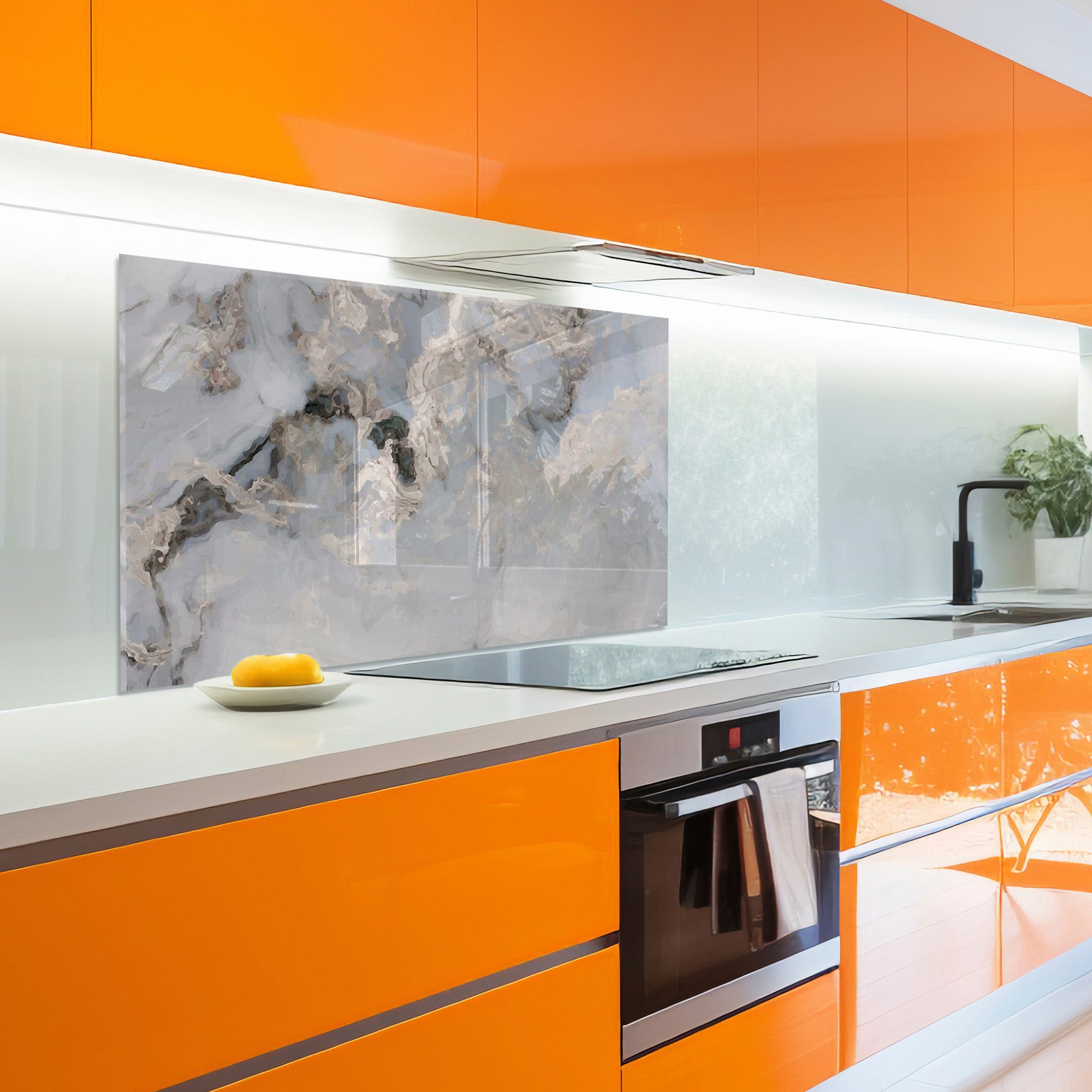 Classic Marble Tempered Glass Backsplash – White & Grey Stone Look Panel